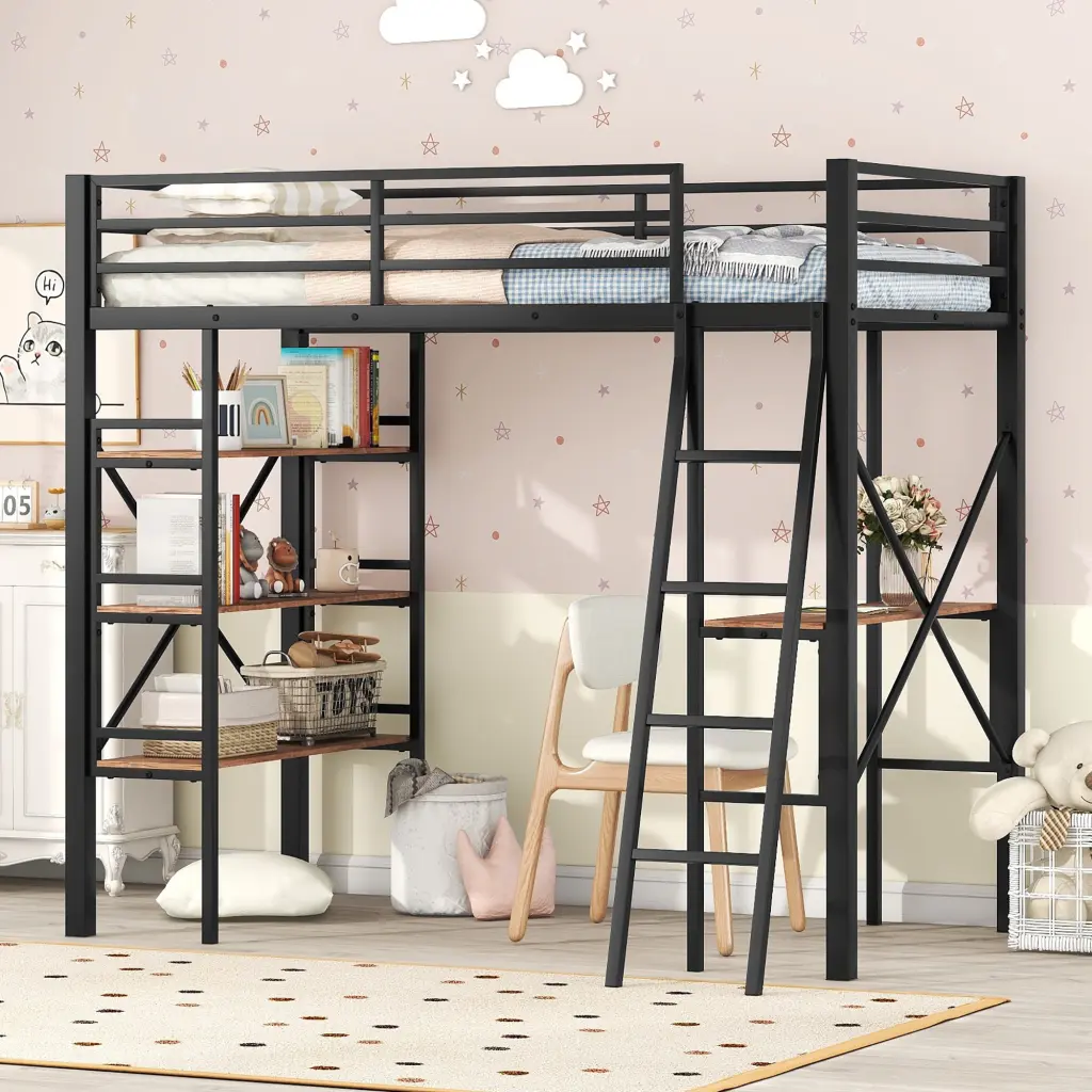 Twin Size Metal Loft Bed Shelves And Desk Black wm store