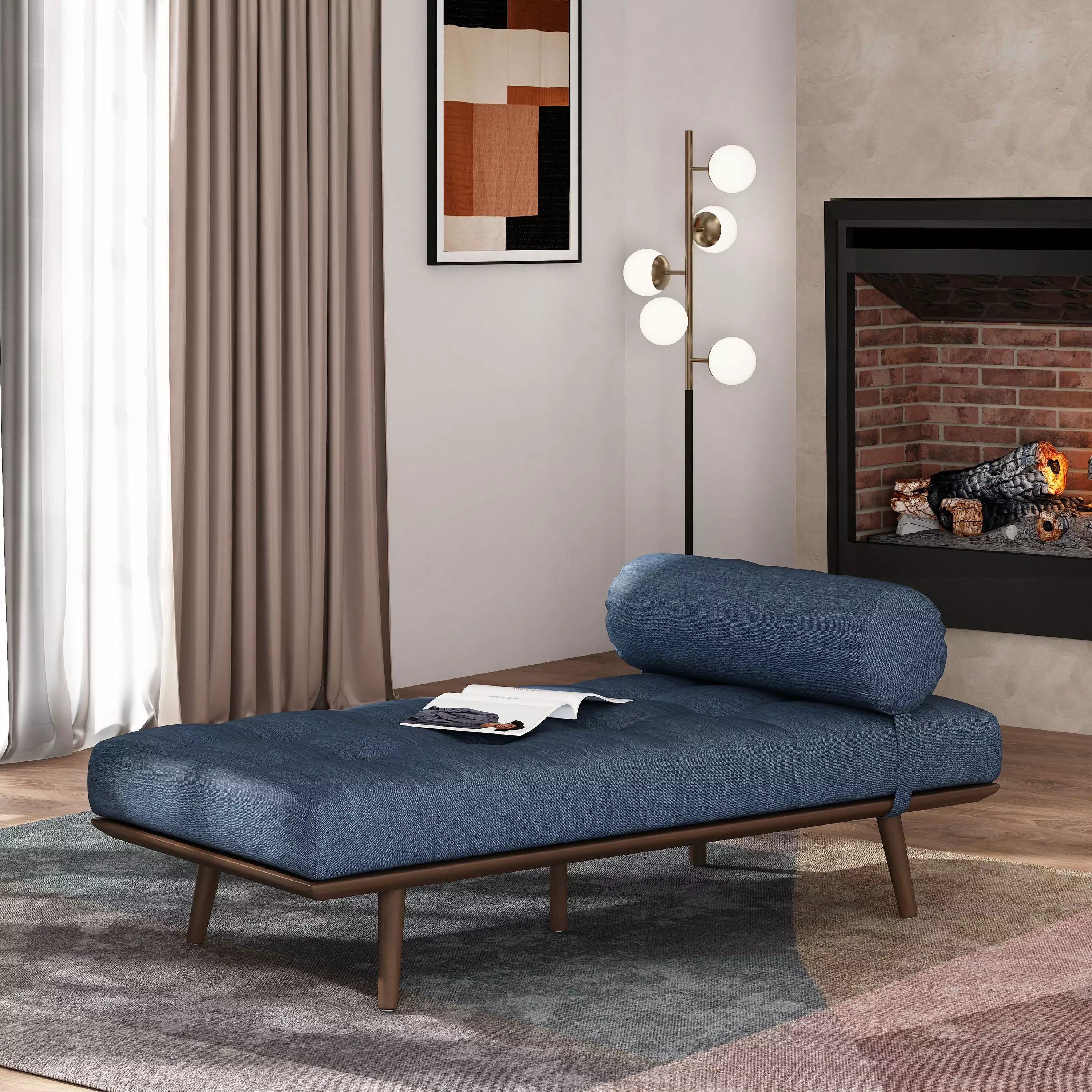 Mid-Century Chaise Lounge Button-Tufted Upholstery and Wood Frame OMCCHK