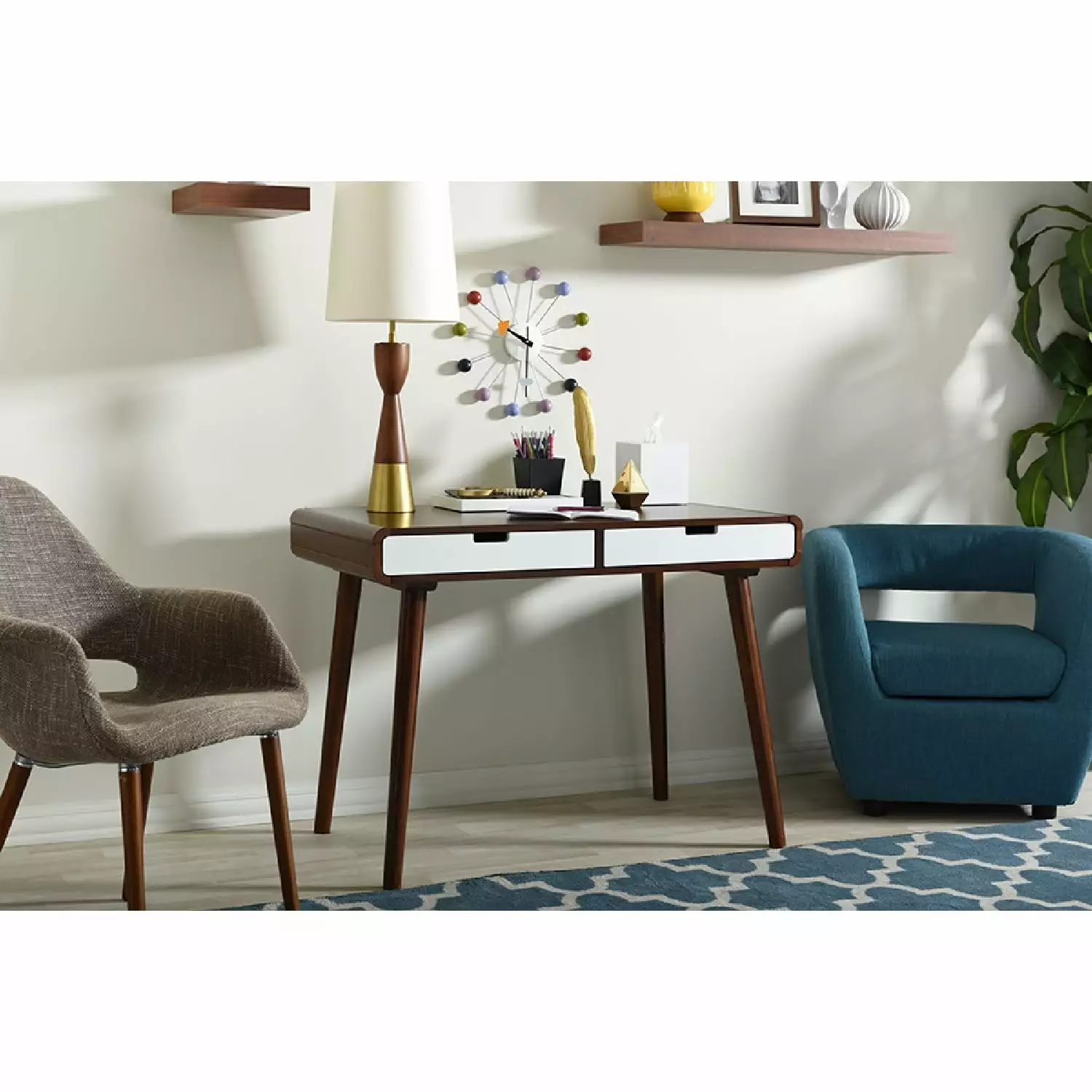 Baxton Studio Casarano Mid-century Modern Dark Walnut White Two-tone 2-drawer Desk Wholesale Interiors