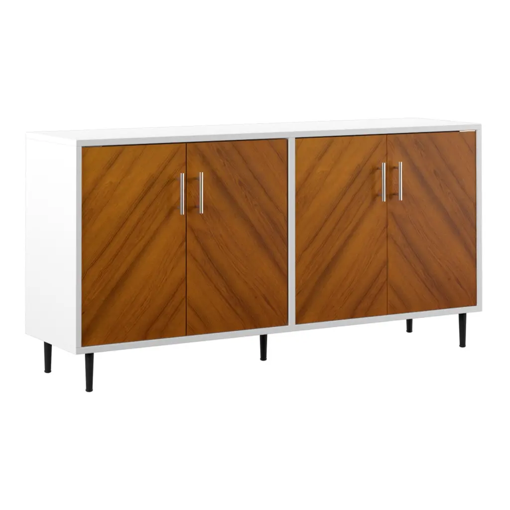 Mid Century Modern Faux Bookmatch Door Buffet White Teak MDF Cabinet walker edison