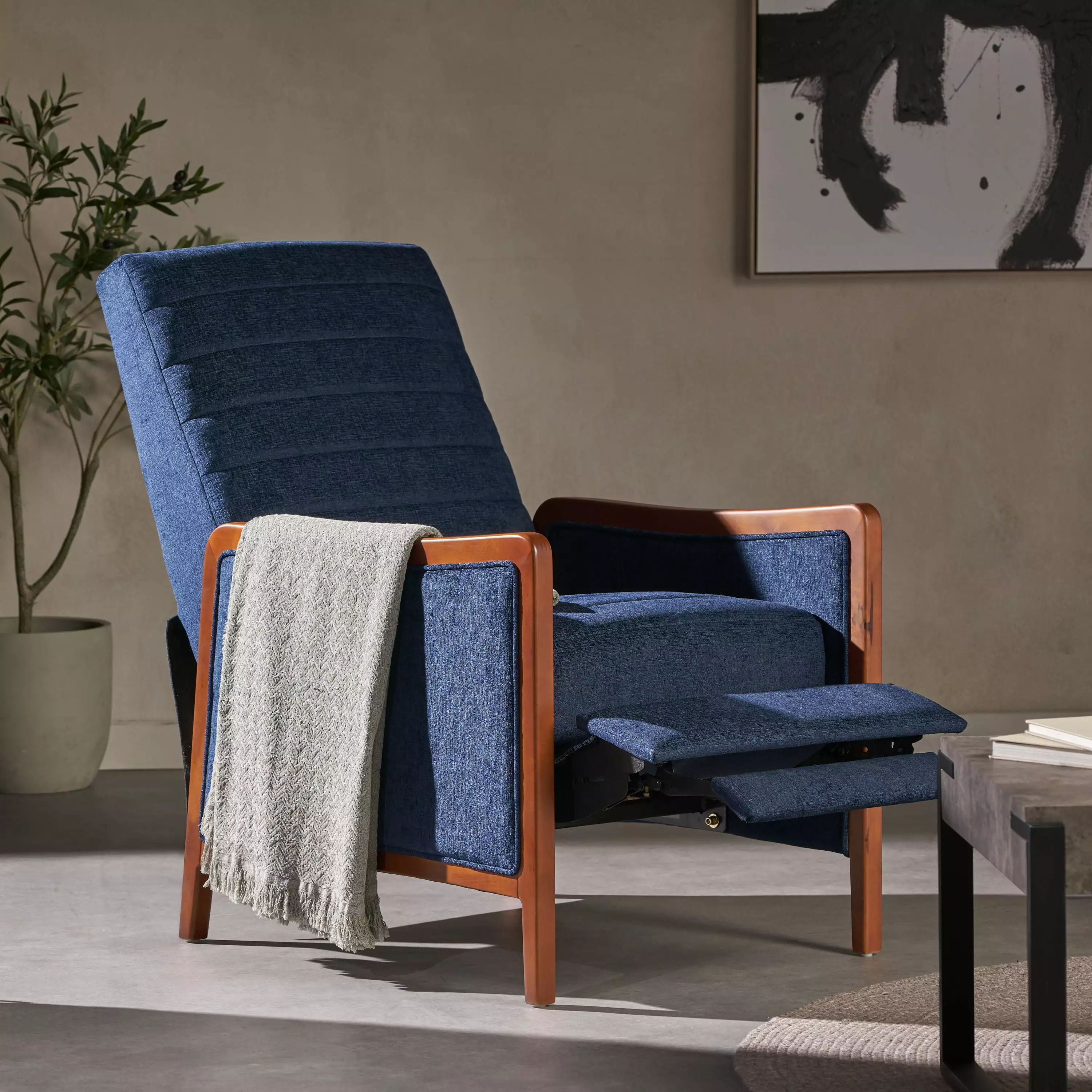 Homiyad Mid Century Modern Fabric Channel Stitch Wood Pushback Recliner