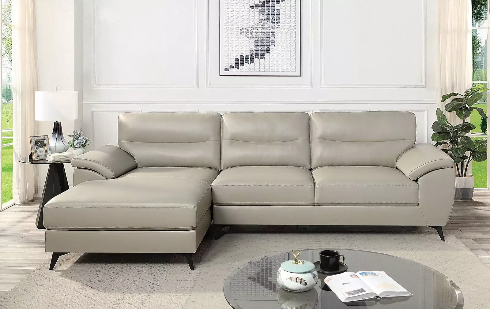 Taupe Leatherette Upholstered Sectional Sofa 2 Piece Set Left Side Chaise Mid Century Modern Esofastore