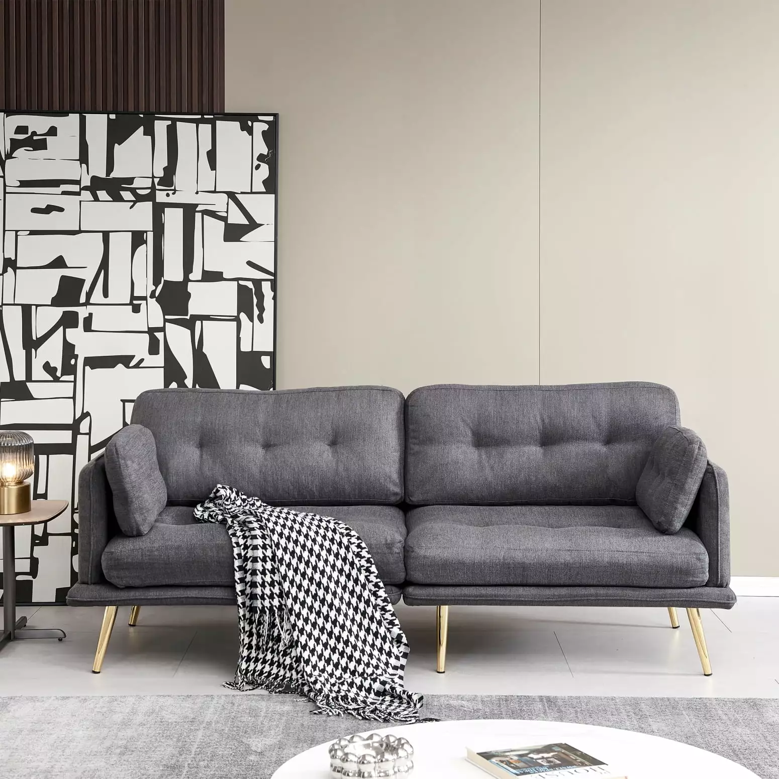 Elegant Dark Grey 3-Seat Sofa Gold Metal Legs Mid-Century Modern Cotton Linen Fabric HATNOKIL