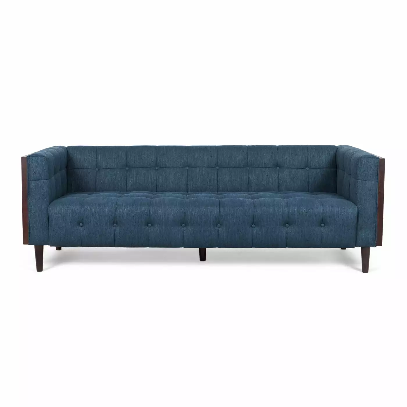 Contemporary Navy Sofa Button-Tufted Waffle Stitching and Eco-Friendly Rubberwood Frame LMing