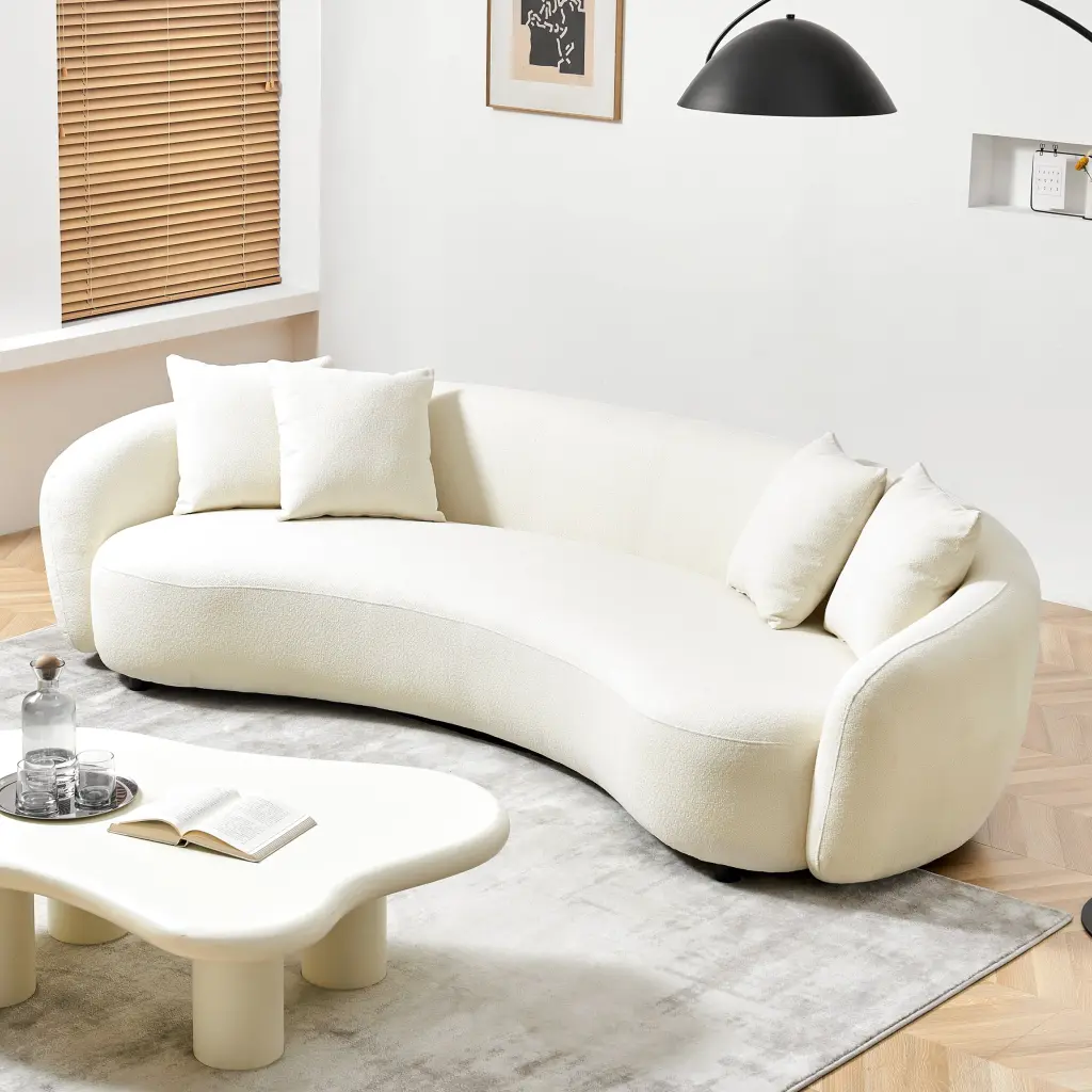 Modern Curved Sofa Mid Century White Teddy Fabric Half Moon Couch modasi