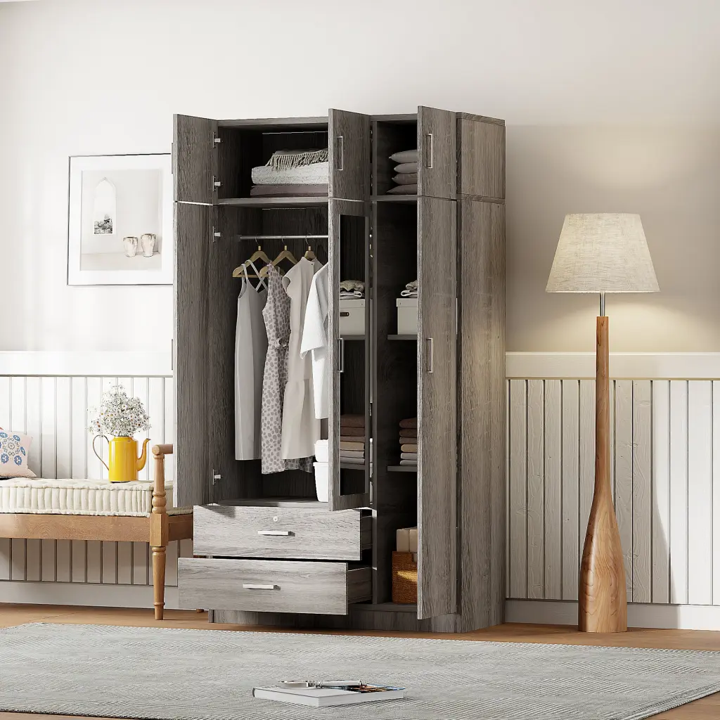3 Door Mirror Wardrobe 2 Drawers and Top Cabinet Gray Particle Board lucky furniture