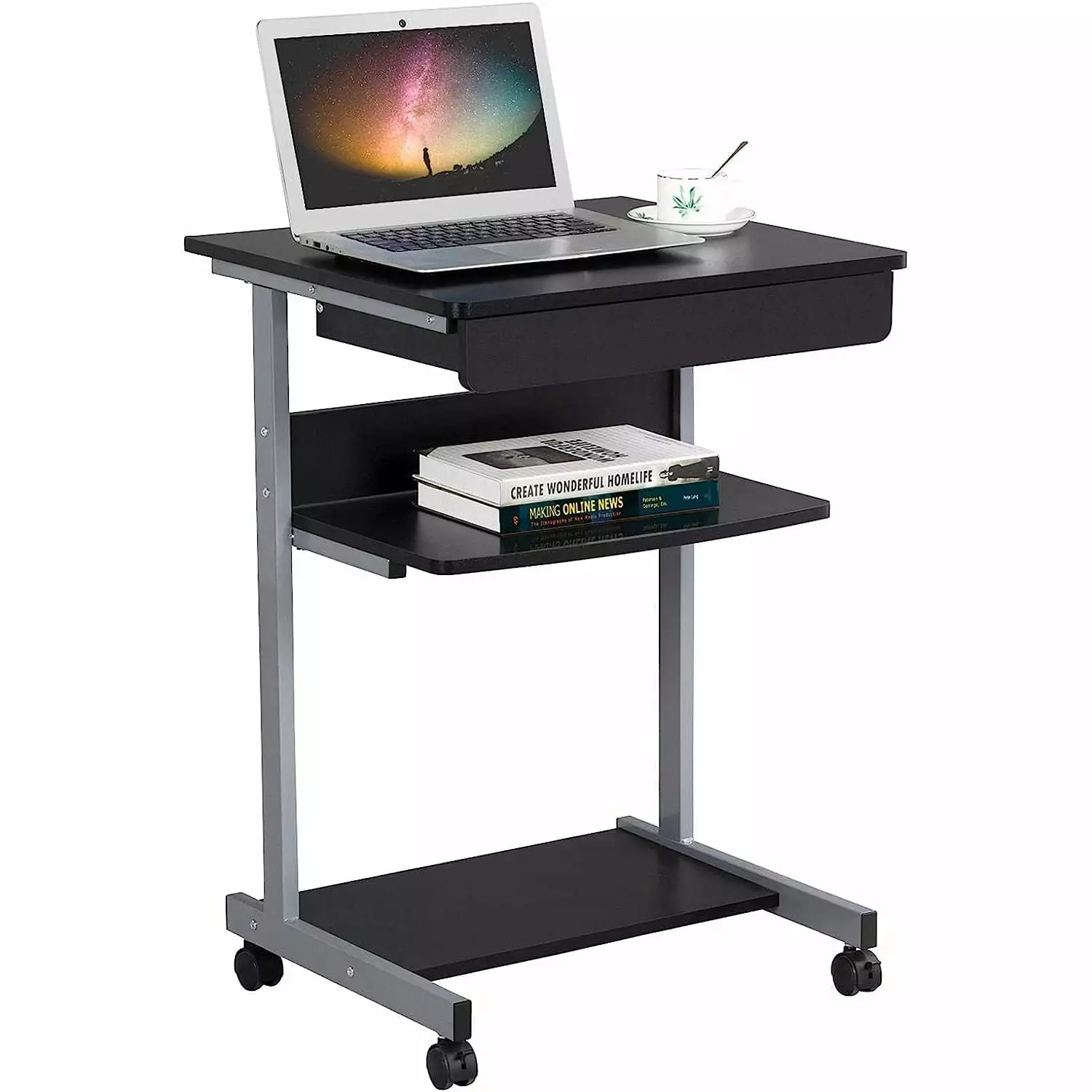 Bilot Mobile Compact Computer Desk Cart Small Spaces Work Workstation Writing Desk Table Drawers and Printer Shelf on Wheels