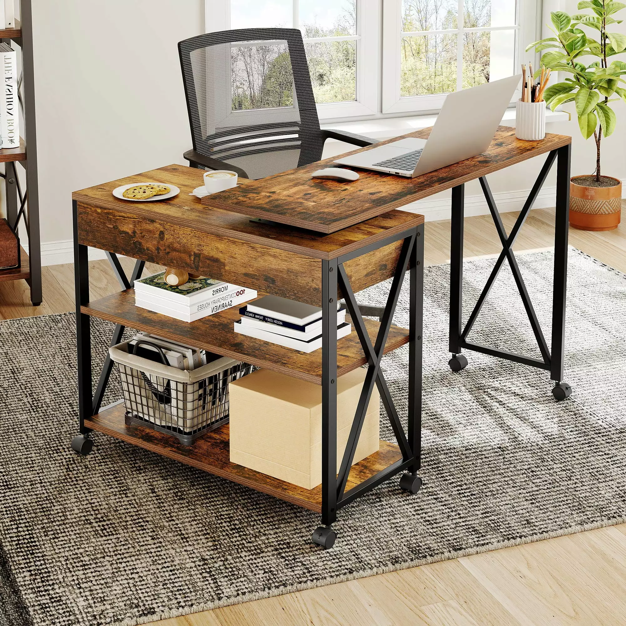 Dextrus 360 Free Rotating Computer Desk Mobile Writing Table Storage Drawer and Shelves Rustic Brown