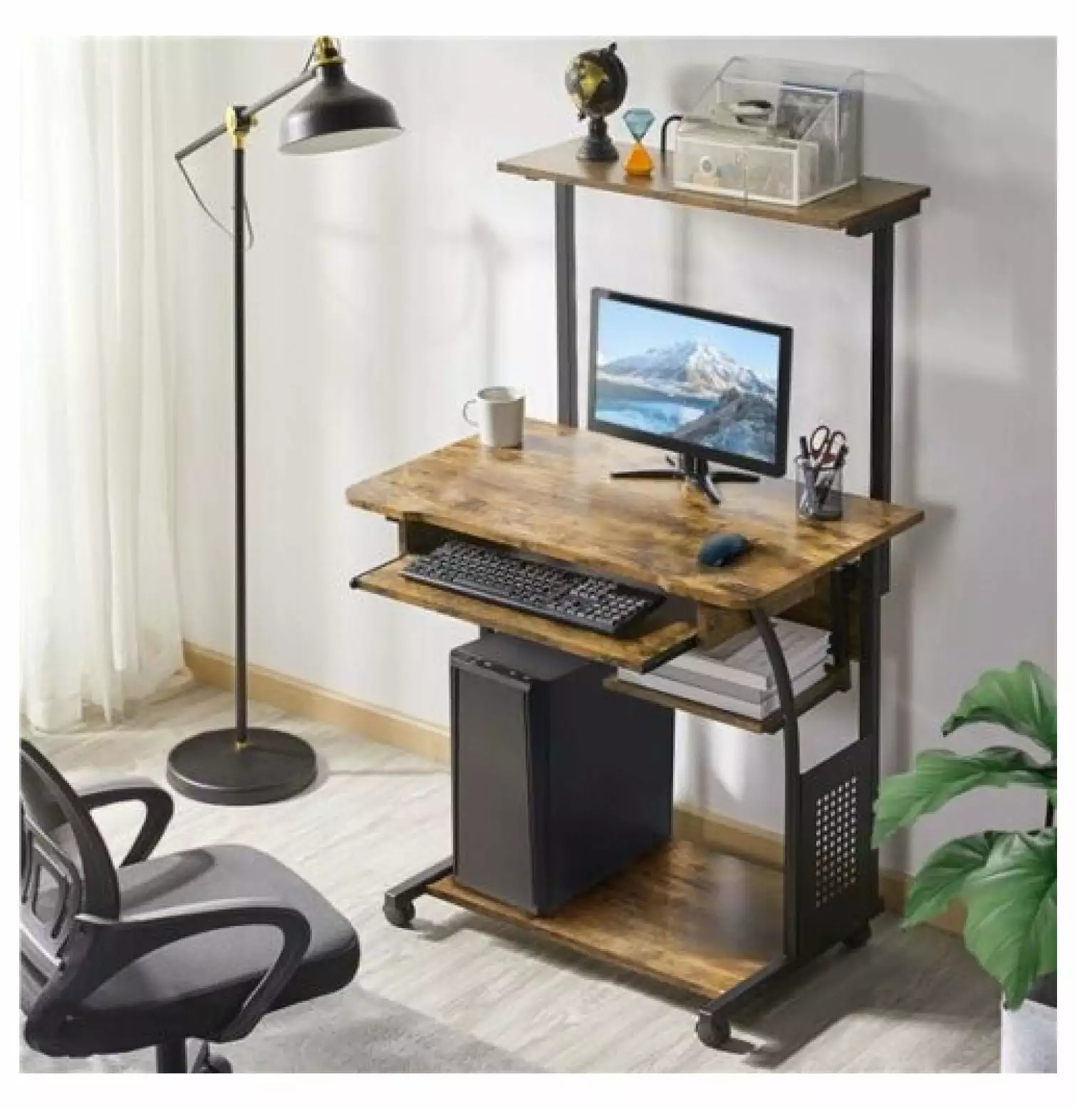 FENG20 3 Tier Rolling Computer Desk Printer Shelf Keyboard Tray Rustic