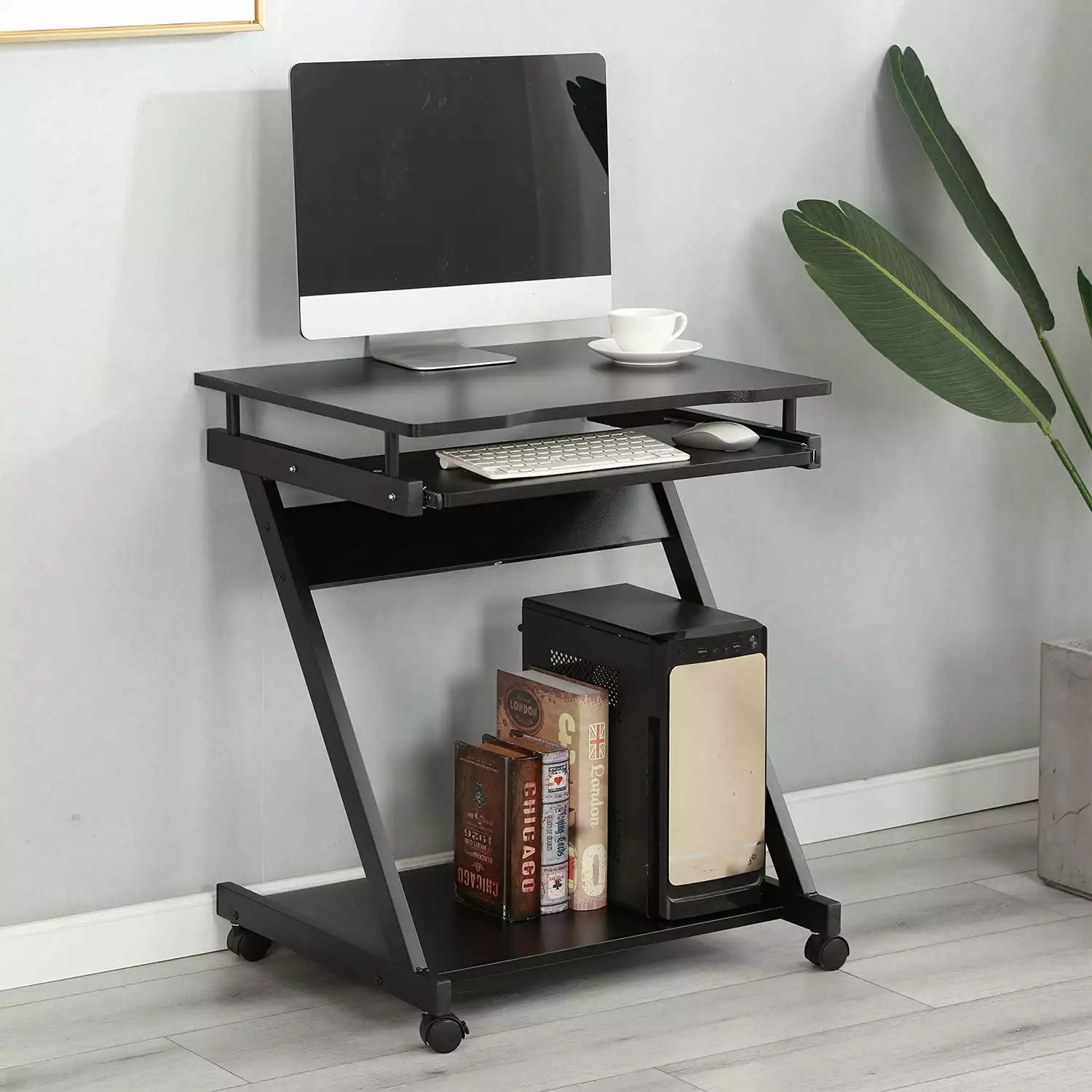 Wellynap 23.6 Mobile Computer Desk - Small Laptop Cart Keyboard Tray Home and Office Black