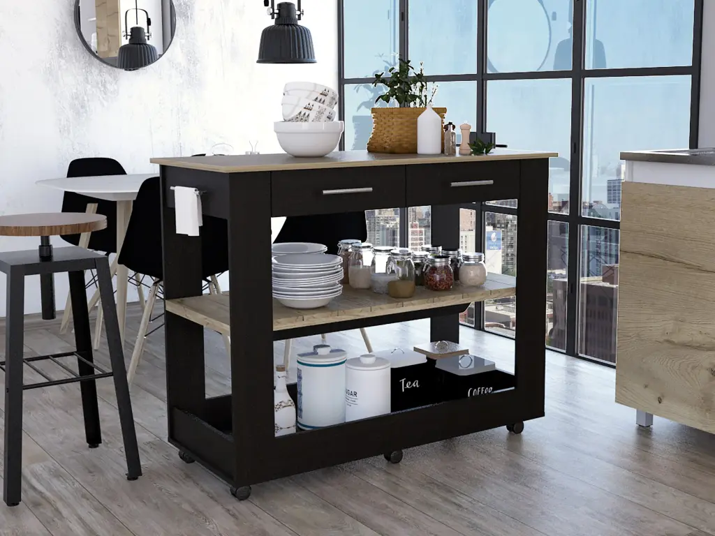 Rockaway 2 Drawer 2 Shelf Kitchen Island Black Wengue and Light Oak furniture max