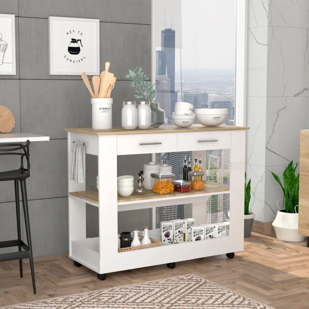 Cala Kitchen Island Six Casters Two Drawers and Lower Open Shelf White tuhome