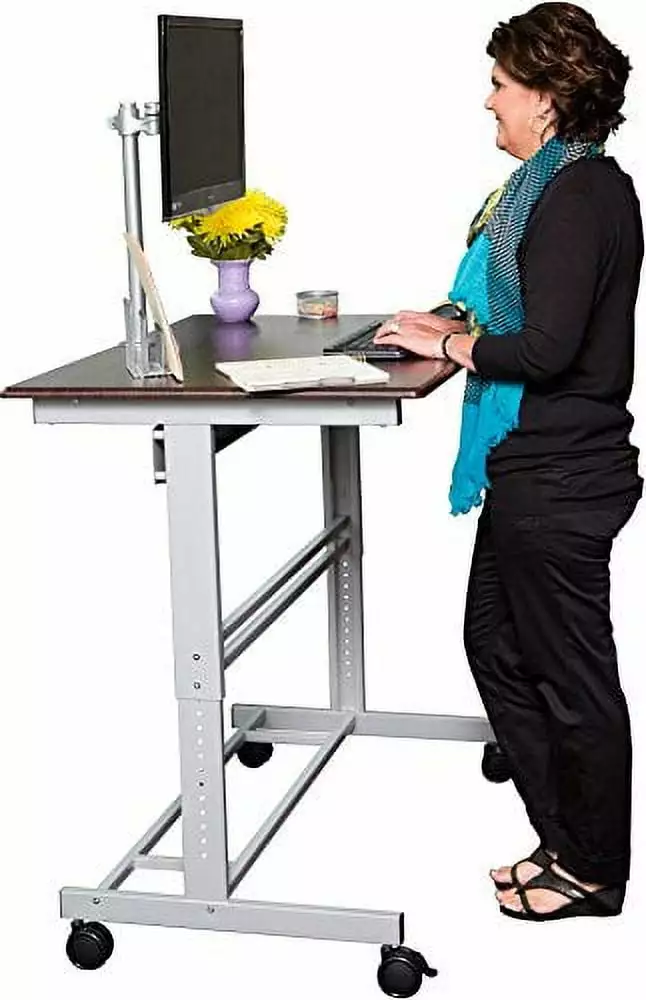 40 Inch Mobile Adjustable Height Stand Up Desk Monitor Mount Dark Walnut Silver Frame Stand Up Desk Store