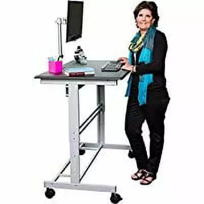 Stand Up Desk Store Mobile Standing Desk 48 Wide Silver Frame Matte Black Top Monitor Mount Adjustable Height Rolling Work...