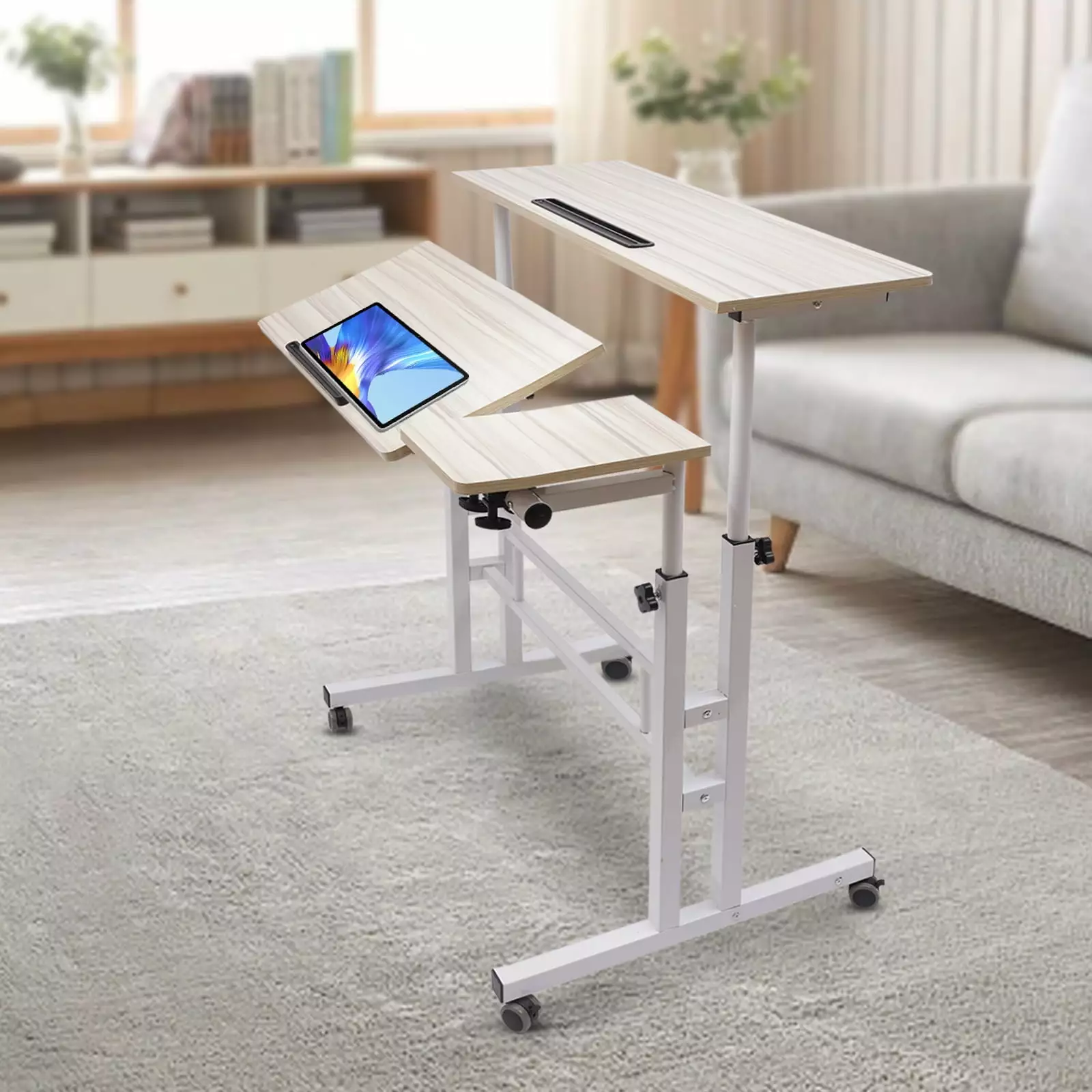 YIYIBYUS Adjustable Mobile Stand Up Desk 3 Desktops Rolling Table Footrest Home Office
