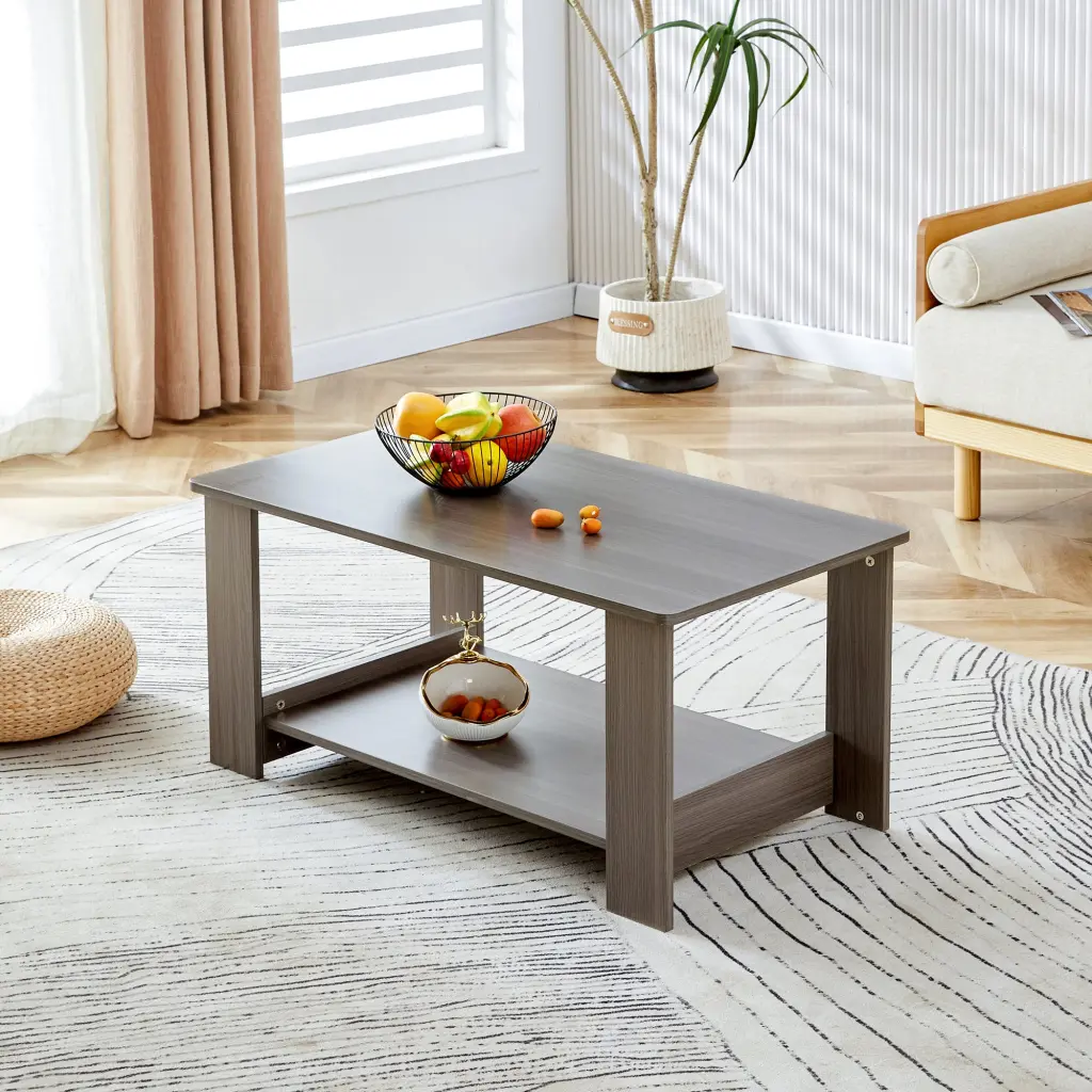 Modern Minimalist Gray Wood Grain Double Layered Rectangular Coffee Table droom w-1151