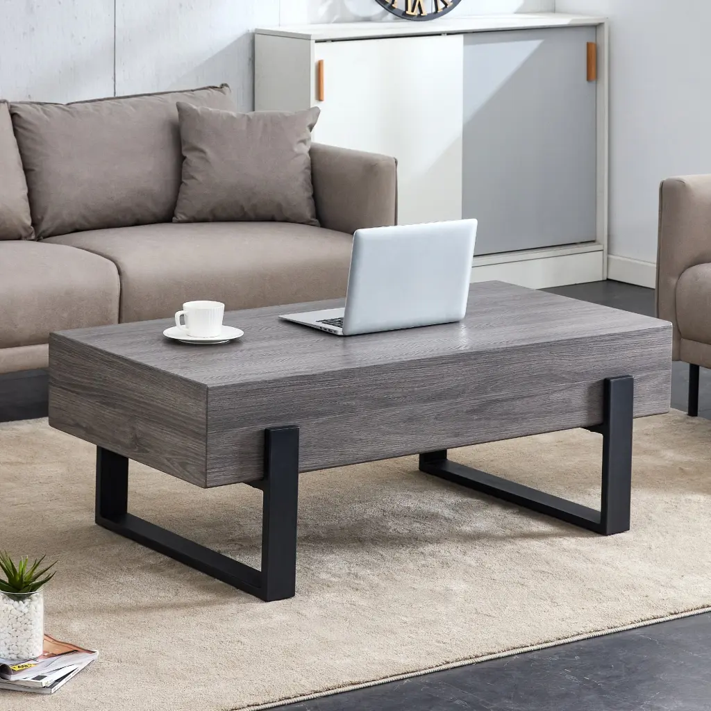 Rustic Gray Wood Grain MDF Coffee Table Black Metal Legs rnb