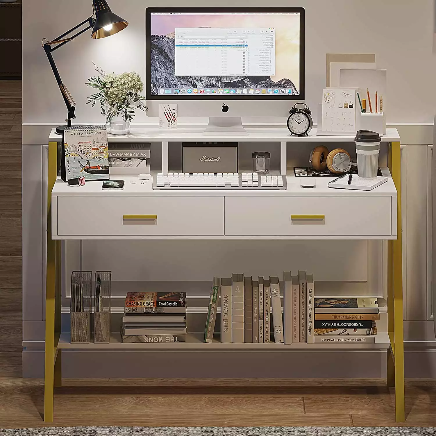 Afuhokles Modern Computer Desk Drawers Home Office Desk White and Gold Contemporary Workstation