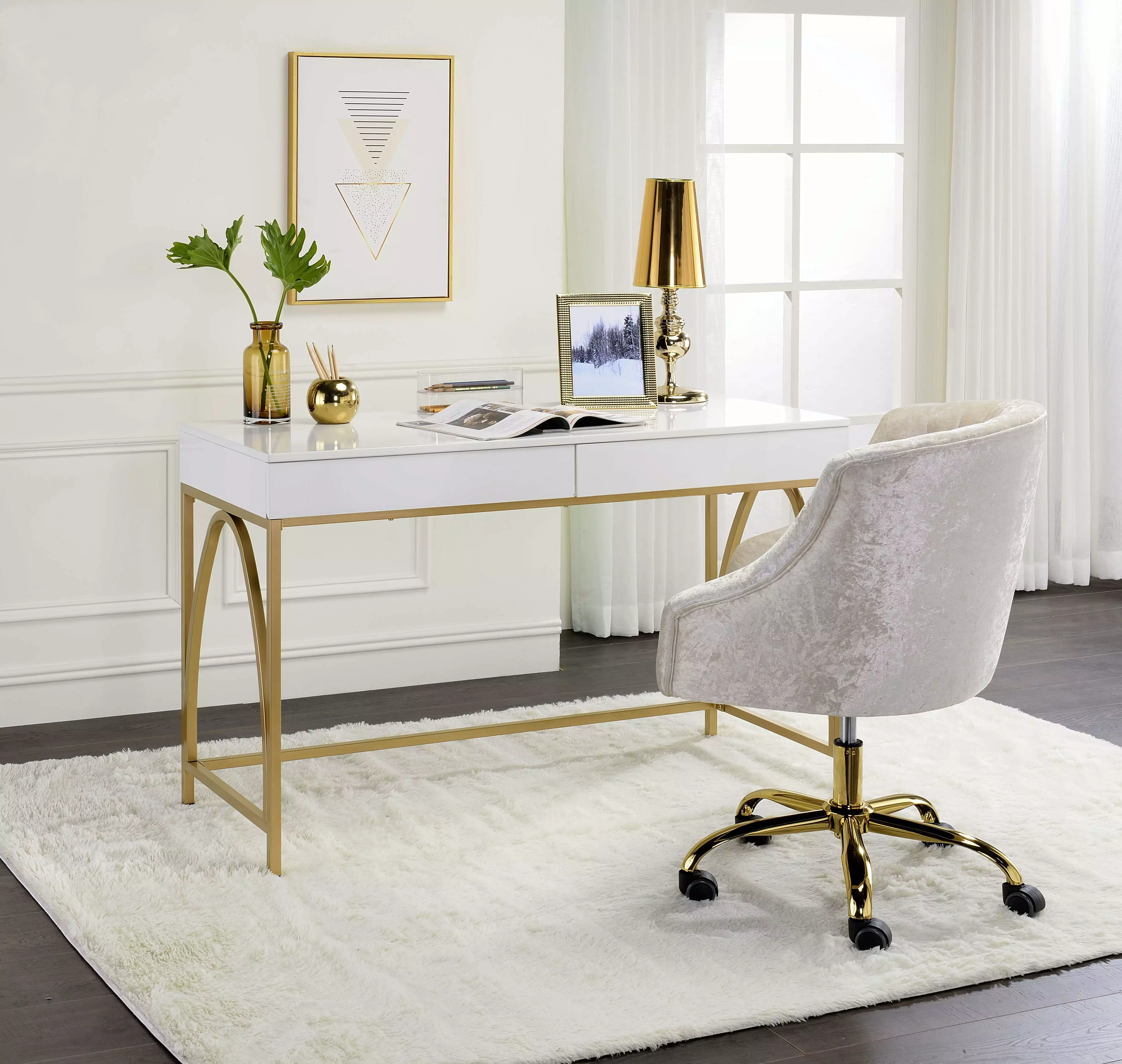 White High Gloss & Gold Artlia Lightmane Desk Modern Offices