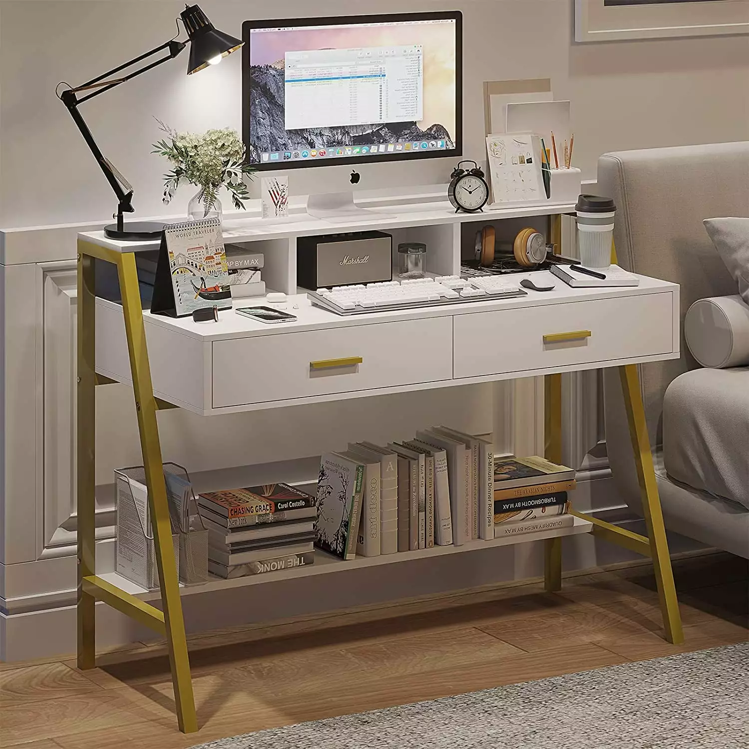 41 Inches Modern Metal Frame Computer Desk 2 Drawers White Gold Aunfebrco