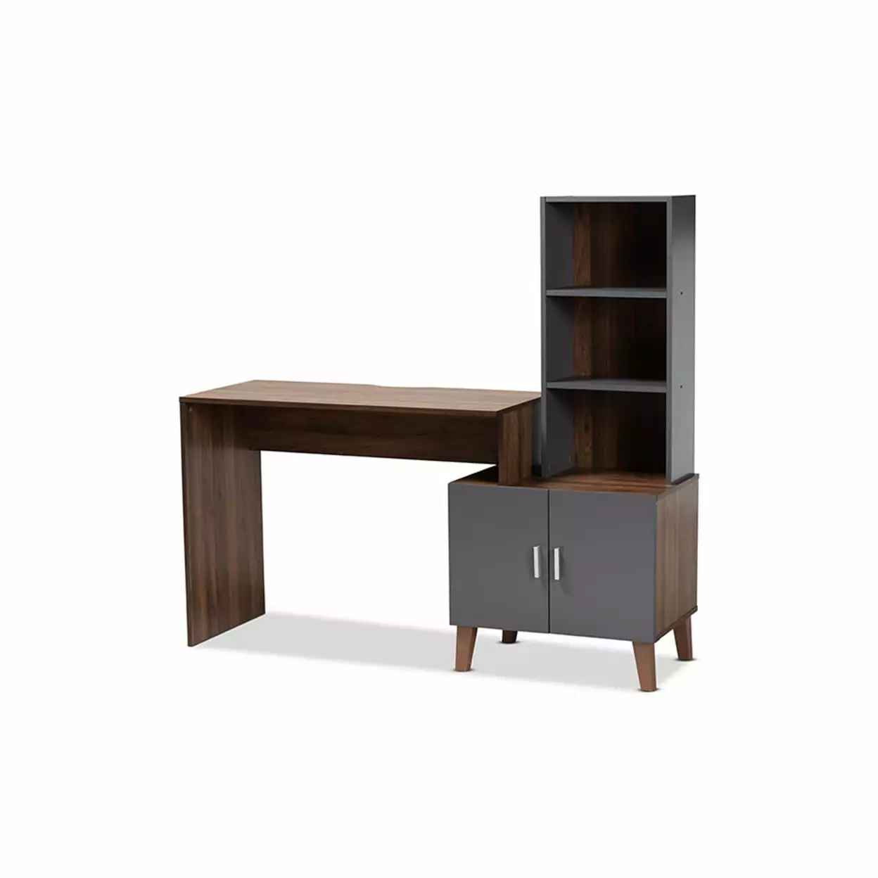 Baxton Studio Jaeger Modern Two-Tone Walnut Brown Dark Grey Wood Storage Desk Shelves