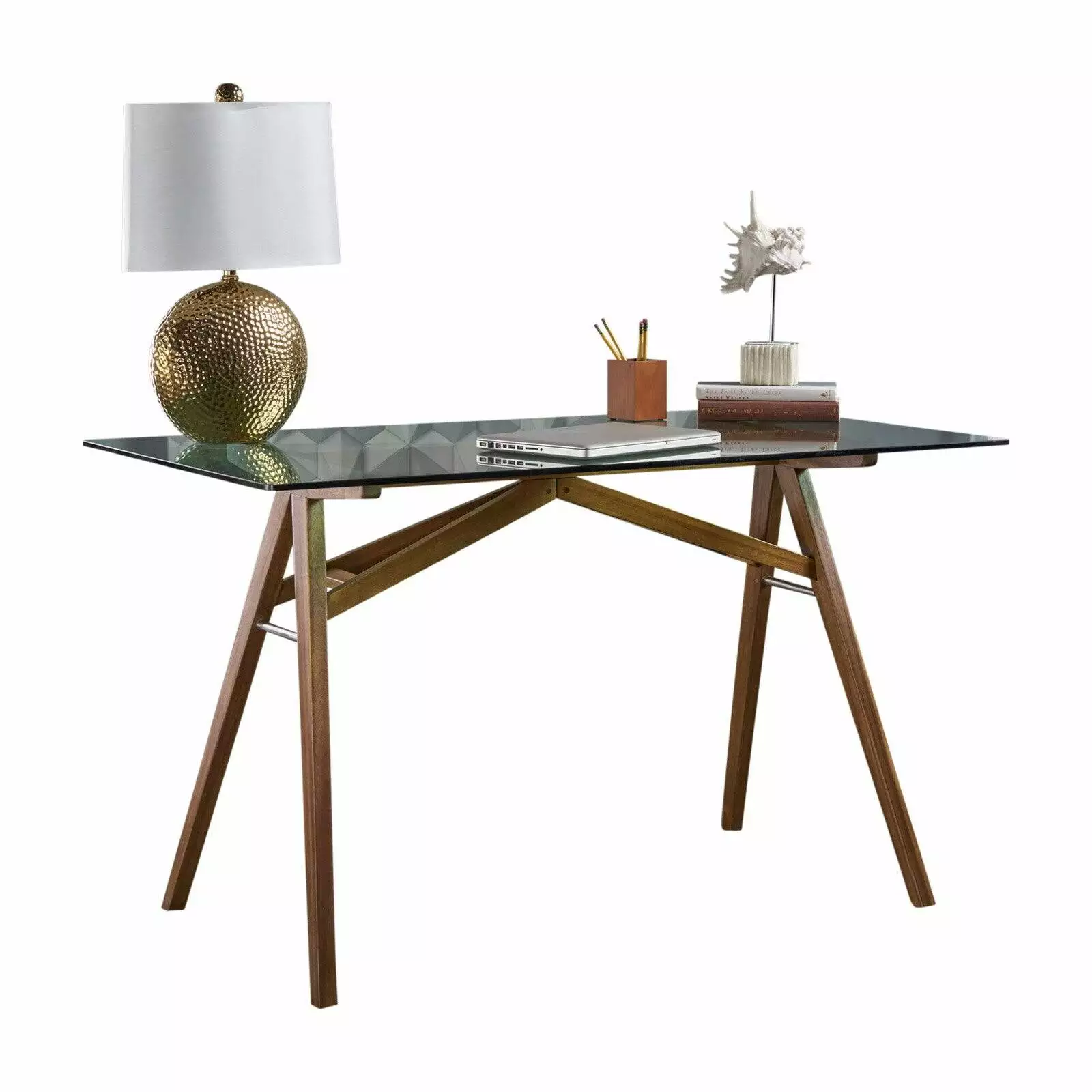 Camey Mid-Century Acacia Wood Desk Tempered Glass Top Modern Office Desk Best Selling Home