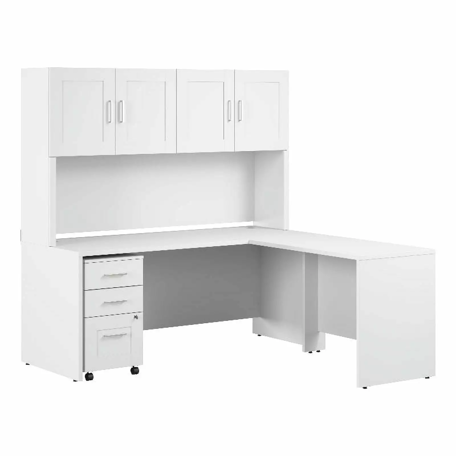 Bowery Hill 72W L-Shaped Desk Hutch and Drawers White Engineered Wood