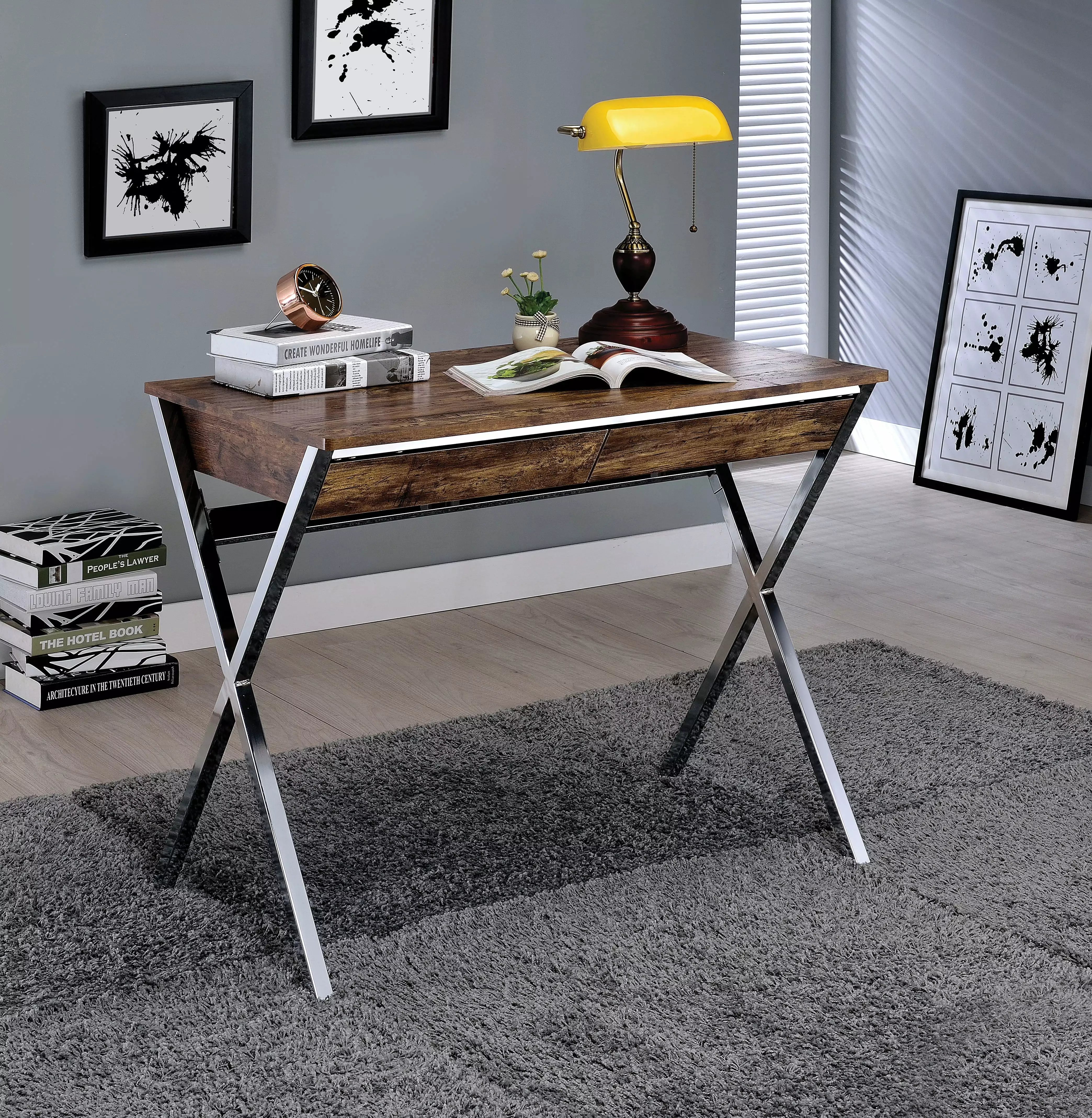 CoSoTower Weathered Oak and Chrome 92340 Modern Office Desk