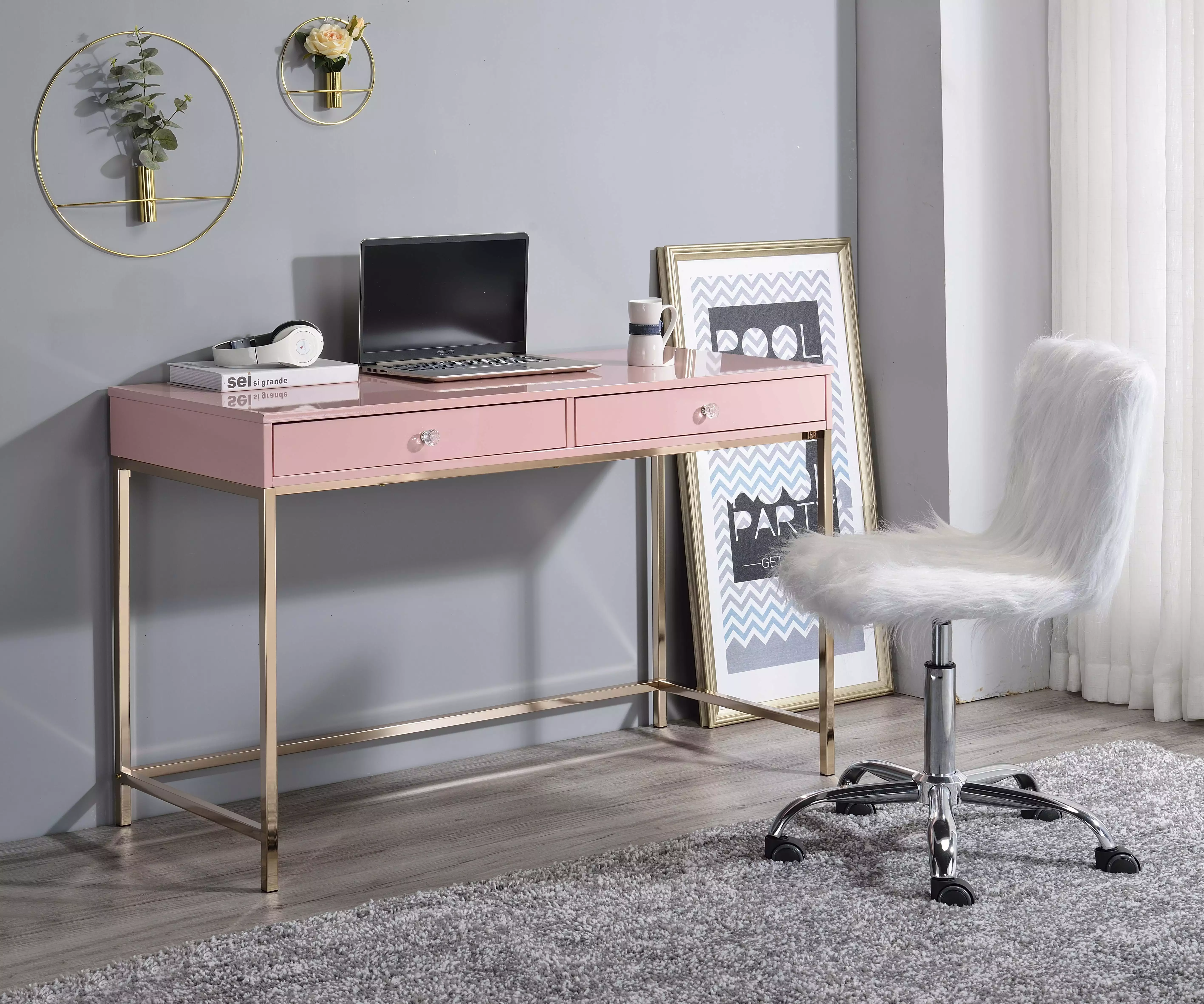 CoSoTower Writing Desk Pink High Gloss and Gold Finish Modern Office