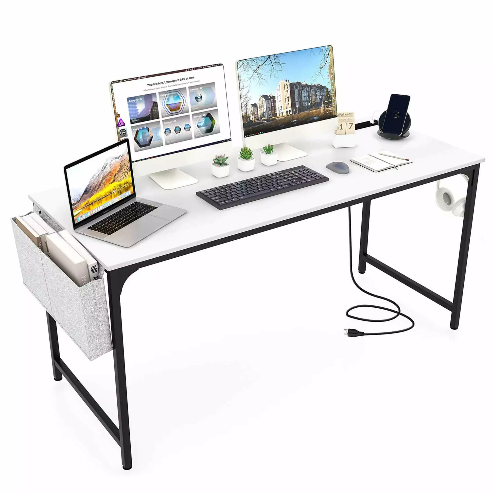 Costway 60 Inch Modern Computer Desk Charging Station Storage Bag and Headphone Hook White