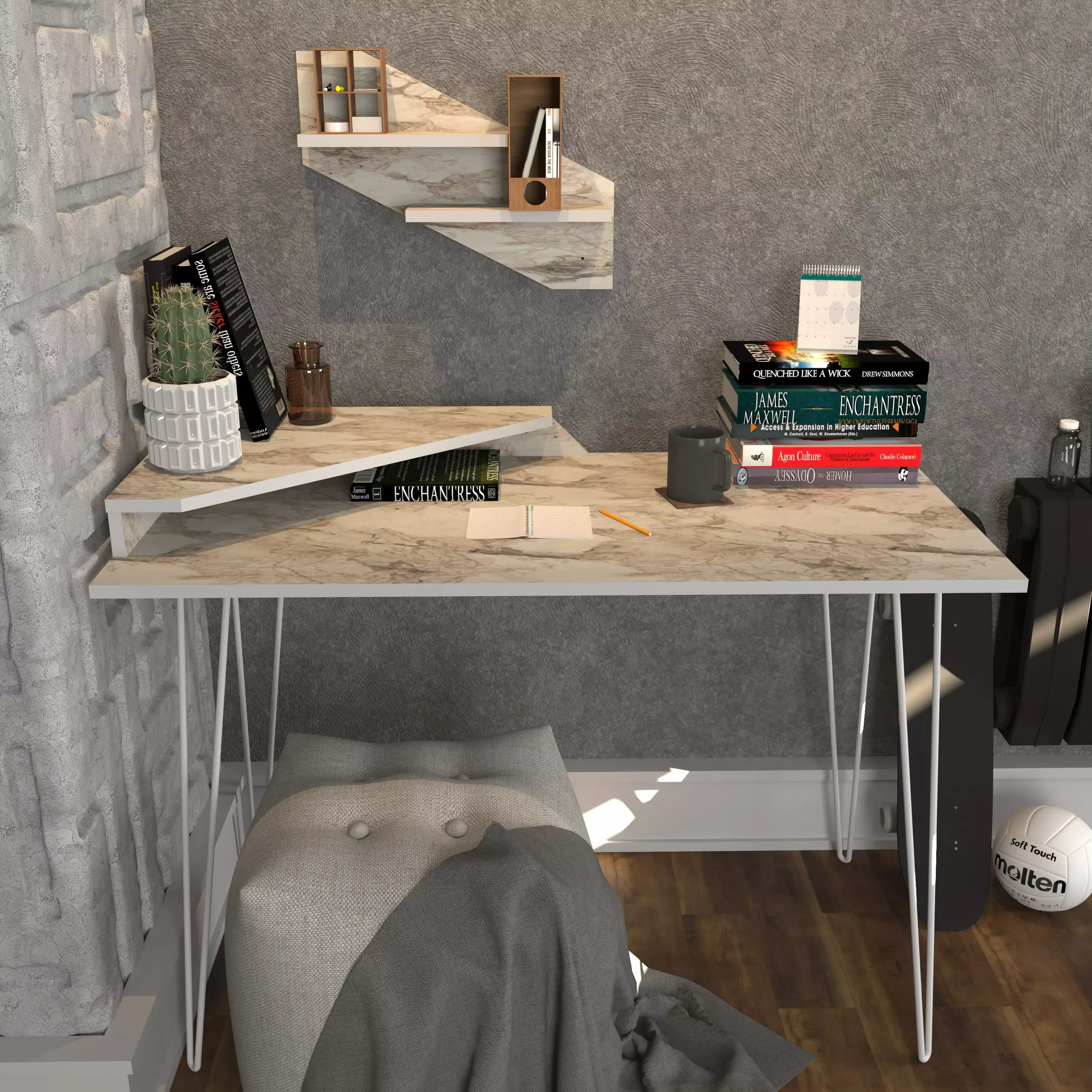 Decorotika Desalvo 47 Computer Desk Shelves White Melamine Veneer Contemporary Office Desk