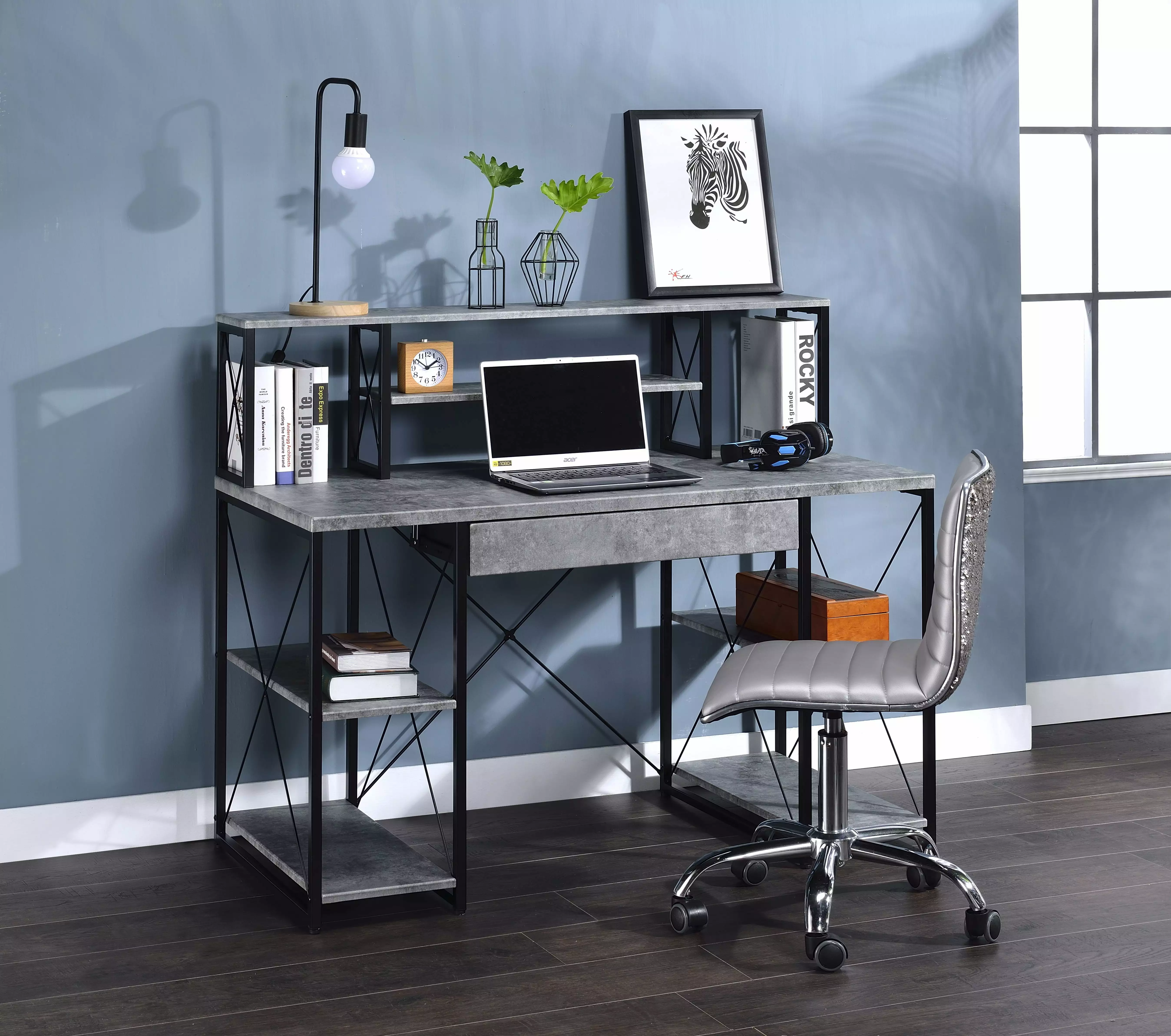 GeeHome Amiel Desk Faux Concrete Top and Black Frame 92875
