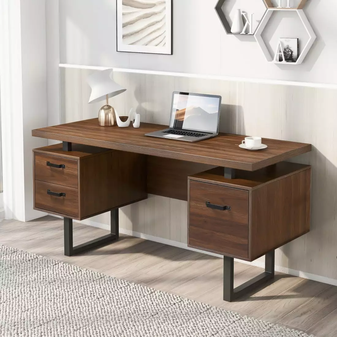 Gzxs 59 Mid Century Modern Desk Drawers Hanging Files Writing Study Table Brown