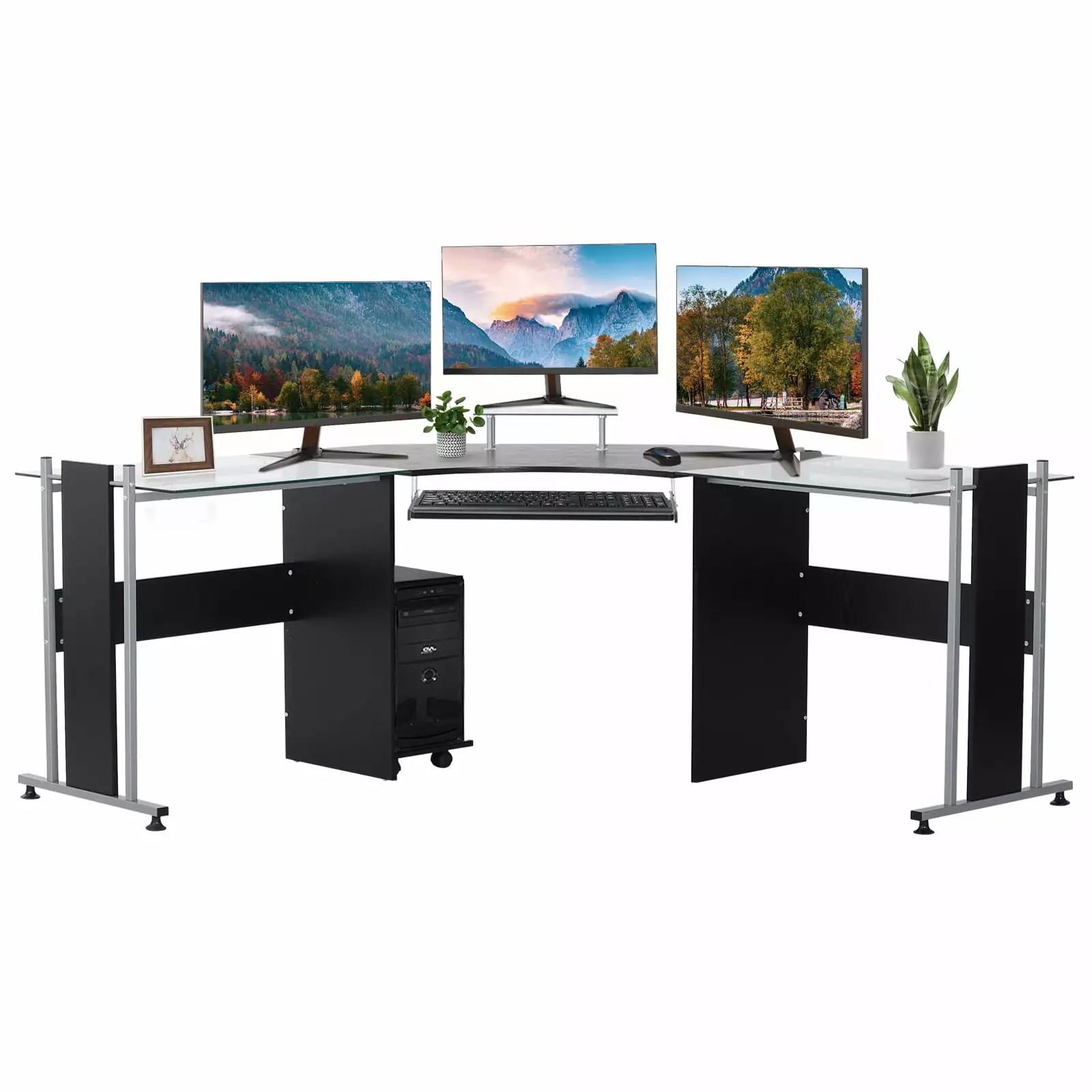 HOMCOM 69 Modern L-Shaped Tempered Glass Office Computer Desk Monitor Stand Rolling CPU Holder and Keyboard Tray