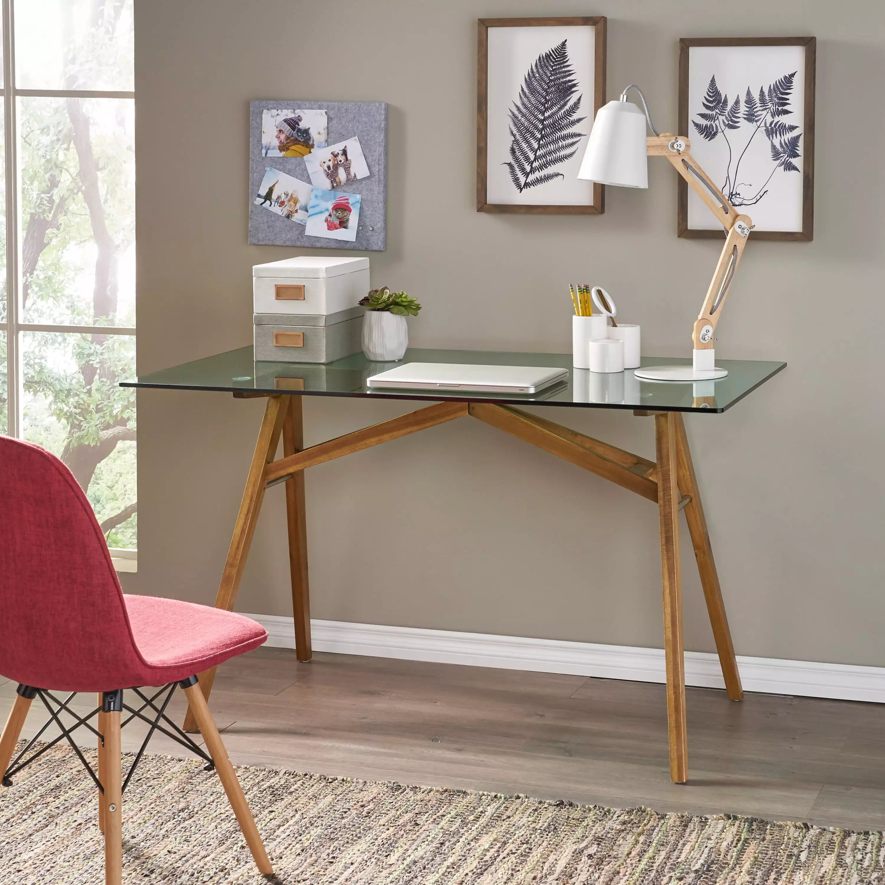 Homiyad Modern Desk Tempered Glass Tabletop Acacia Wood Base Office Desk