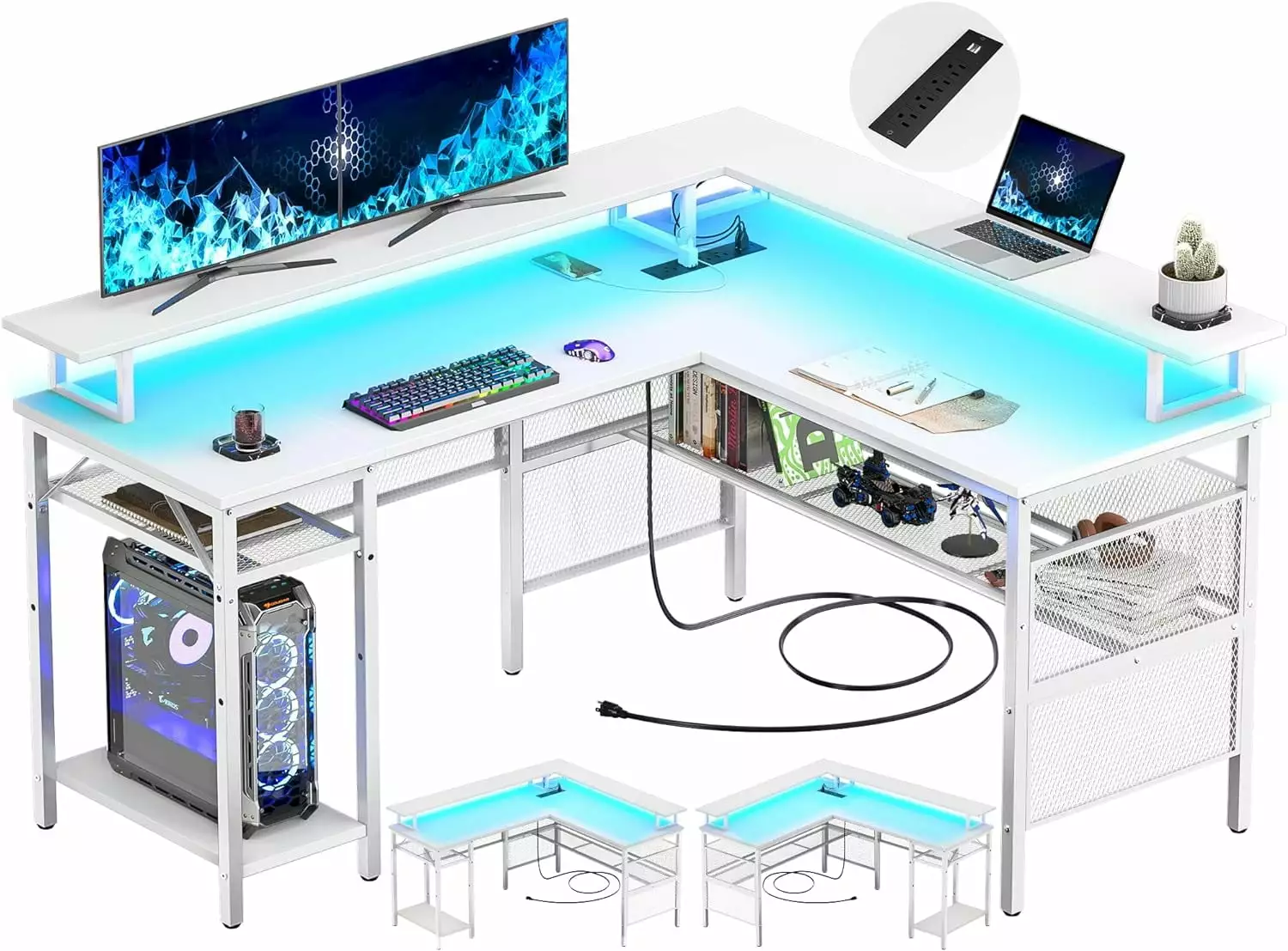 iSunirm L Shaped Desk LED Strip Power Outlets Reversible Corner Computer Desk All White