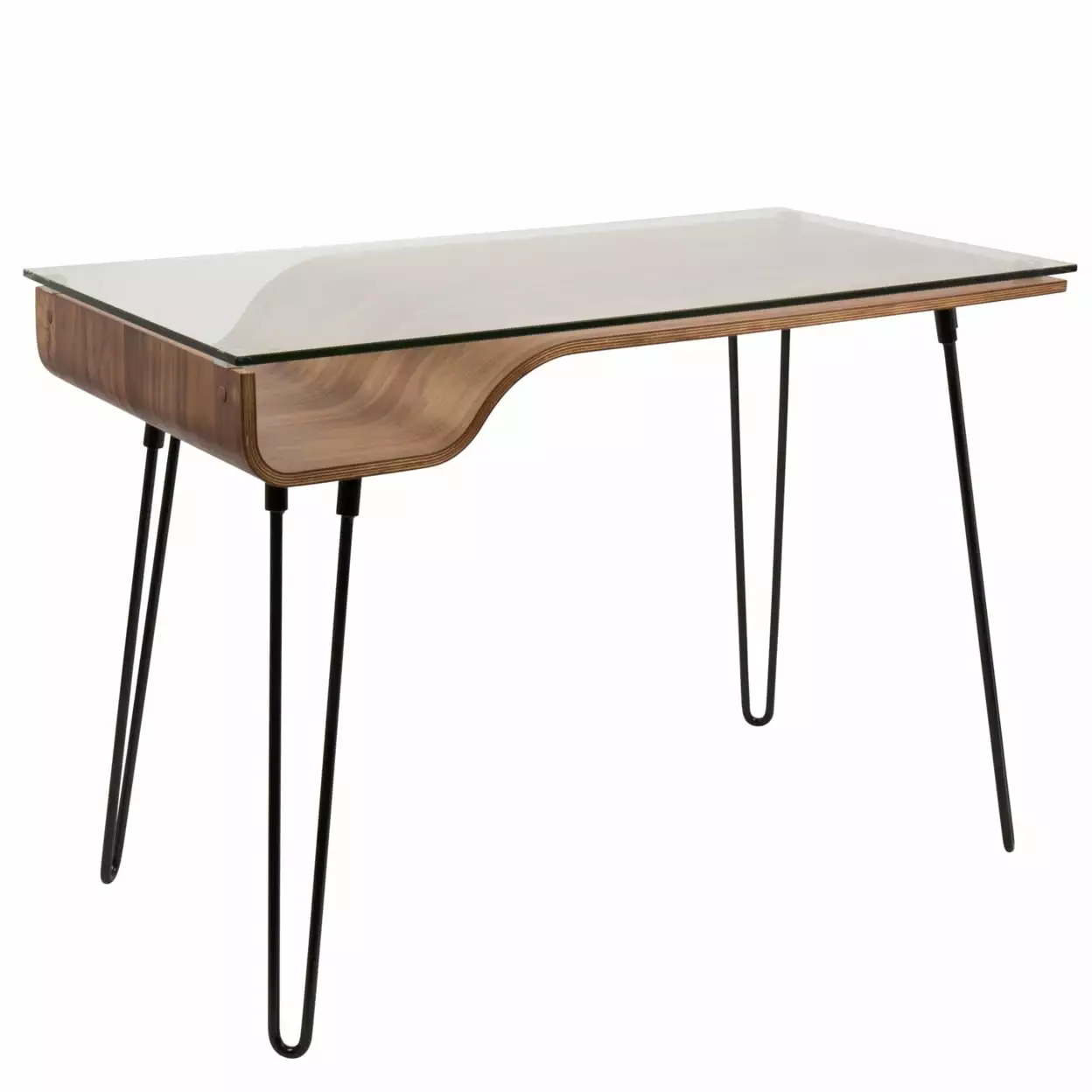 Indoor Home Office Furniture Avery Mid-Century Modern Desk Walnut Wood Clear Glass And Black Metal LumiSource