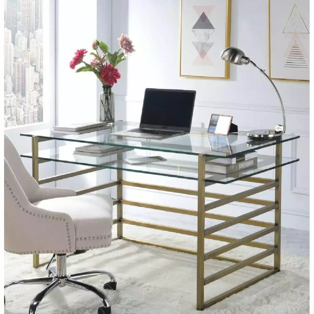 MAICOSY Modern Desk Antique Gold and Clear Glass - Sleek Home Office Desk