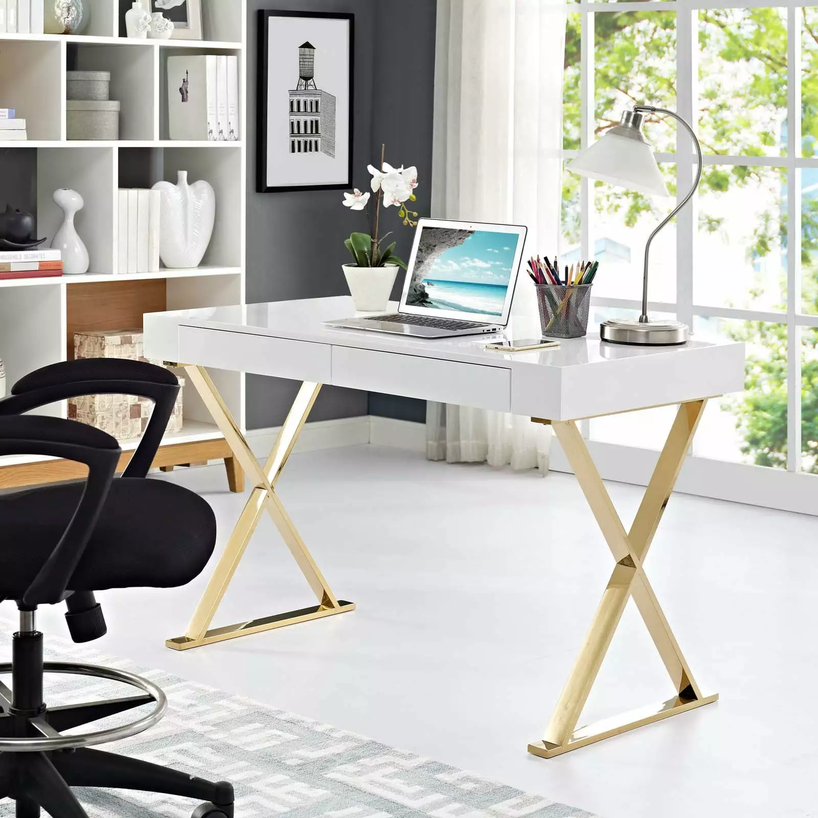 Modway Sector Office Desk White Gold Contemporary Workstation