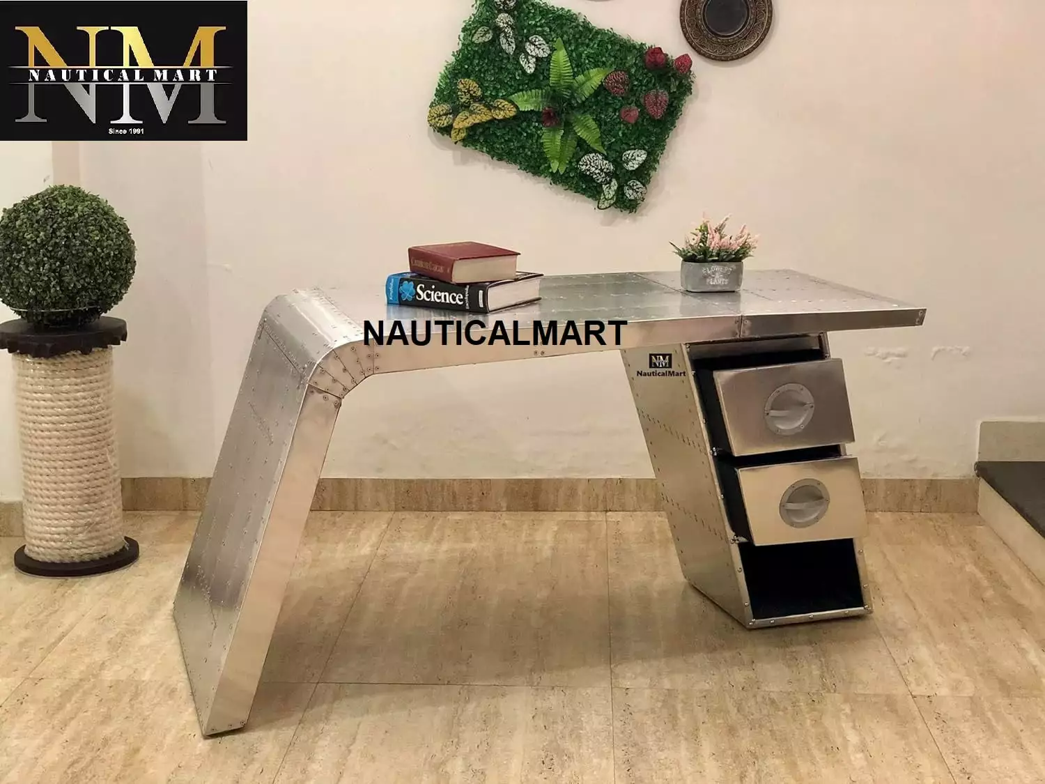 NauticalMart Aviator Wing Desk Aluminum Table Two Drawers 70 Inches Home Office Furniture Decor