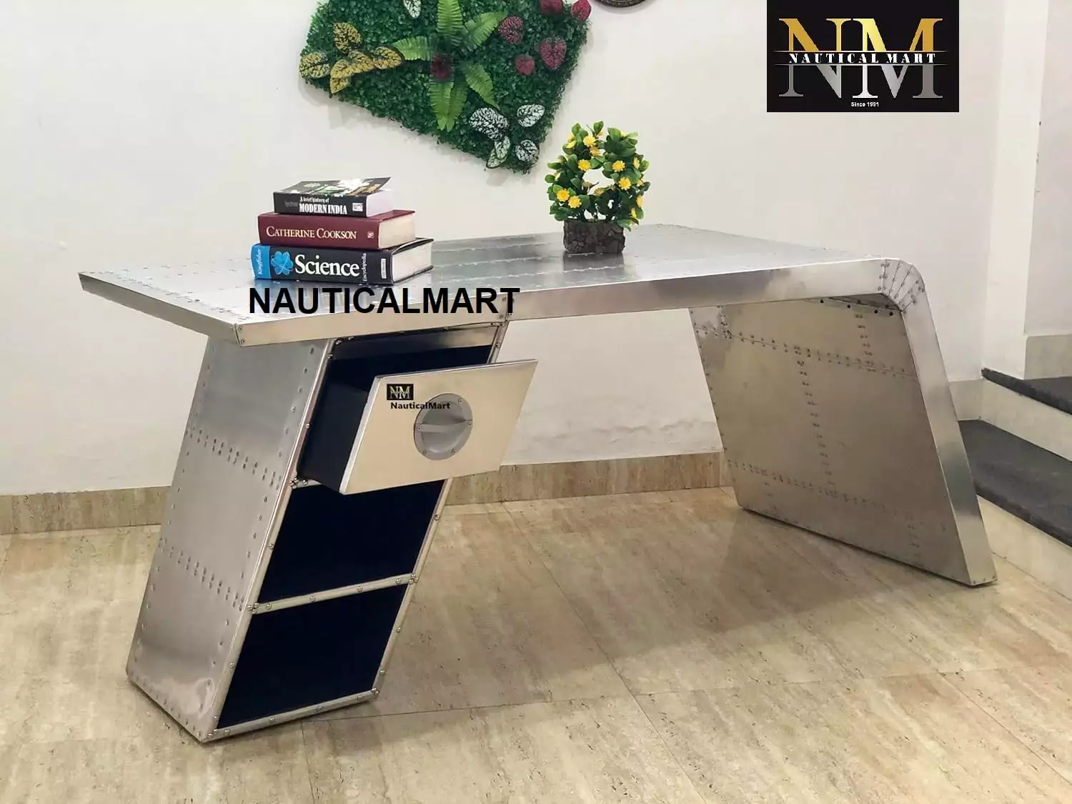 NauticalMart Aviator Wing Desk Aluminum Table Left Side 68 Inches Home Office Furniture