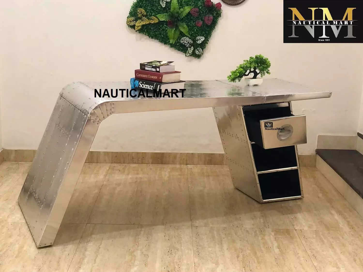 NauticalMart Aviator Wing Desk Aluminum Table Right Side 70 Inches Home Office Furniture