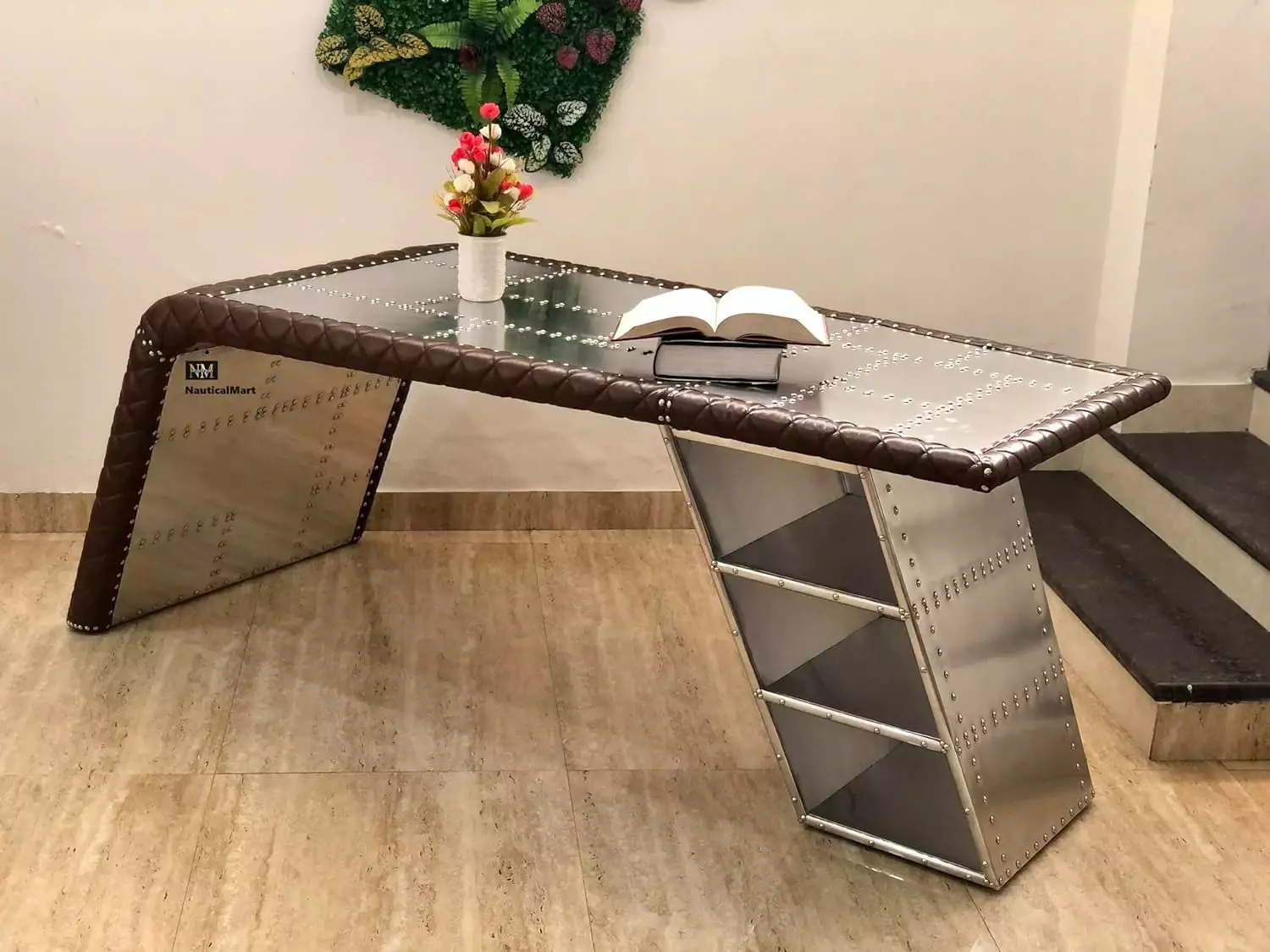 NauticalMart Aviator Wing Desk Storage Aluminum and Leather Office Desk Silver and Brown 64 Inches