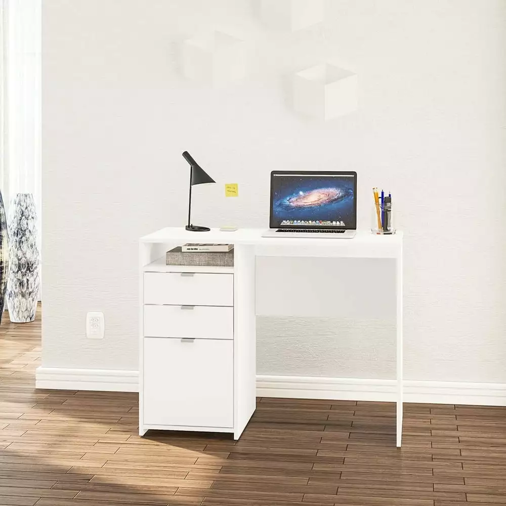 Polifurniture Cambridge Modern 39.5 Inch Writing Desk 3 Drawers and Shelf White Finish