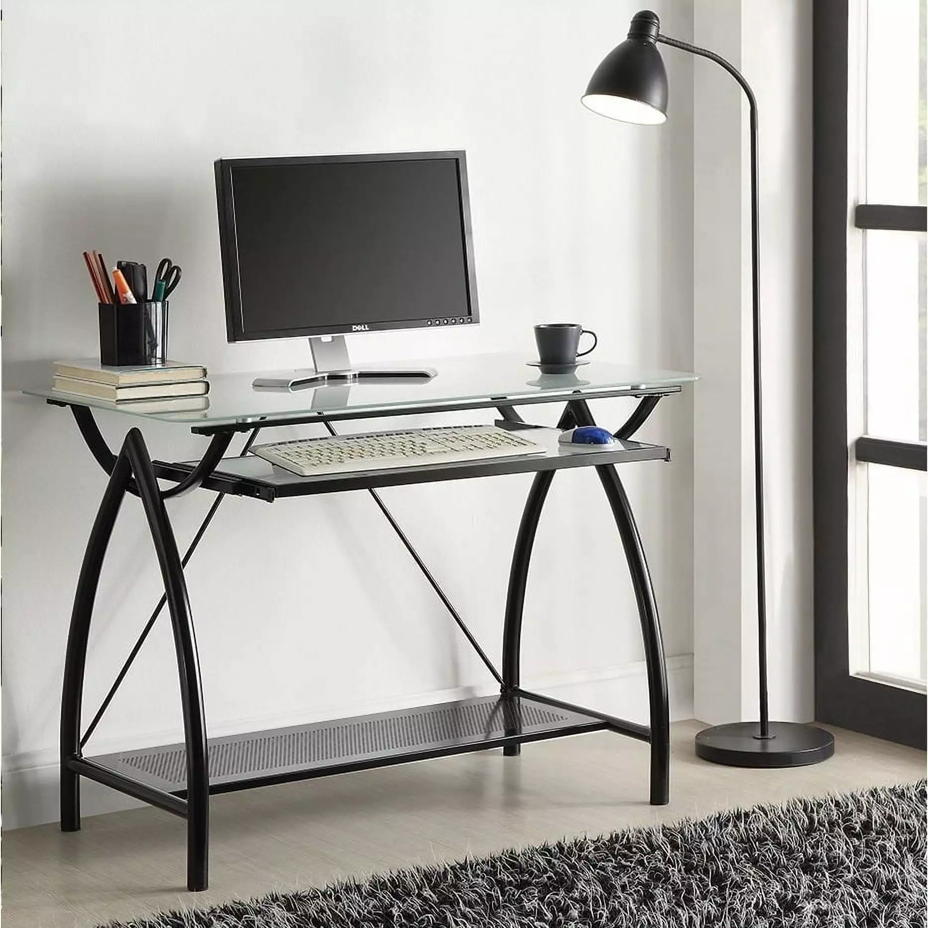 Porch & Den Danziger Black Metal Glass Top Desk Keyboard Tray