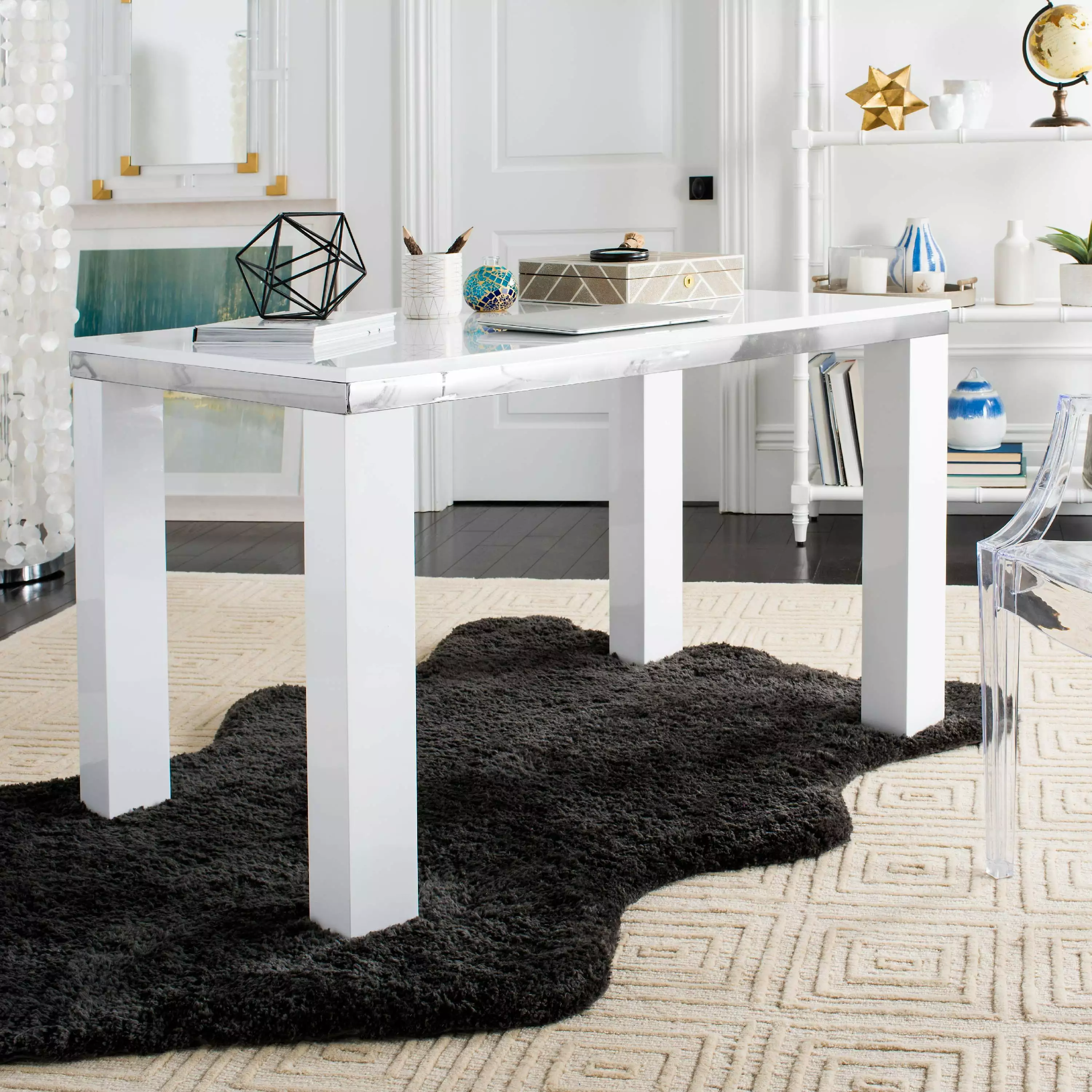SAFAVIEH Enos Modern Lacquer Wood Desk White Chrome Home Office Desk