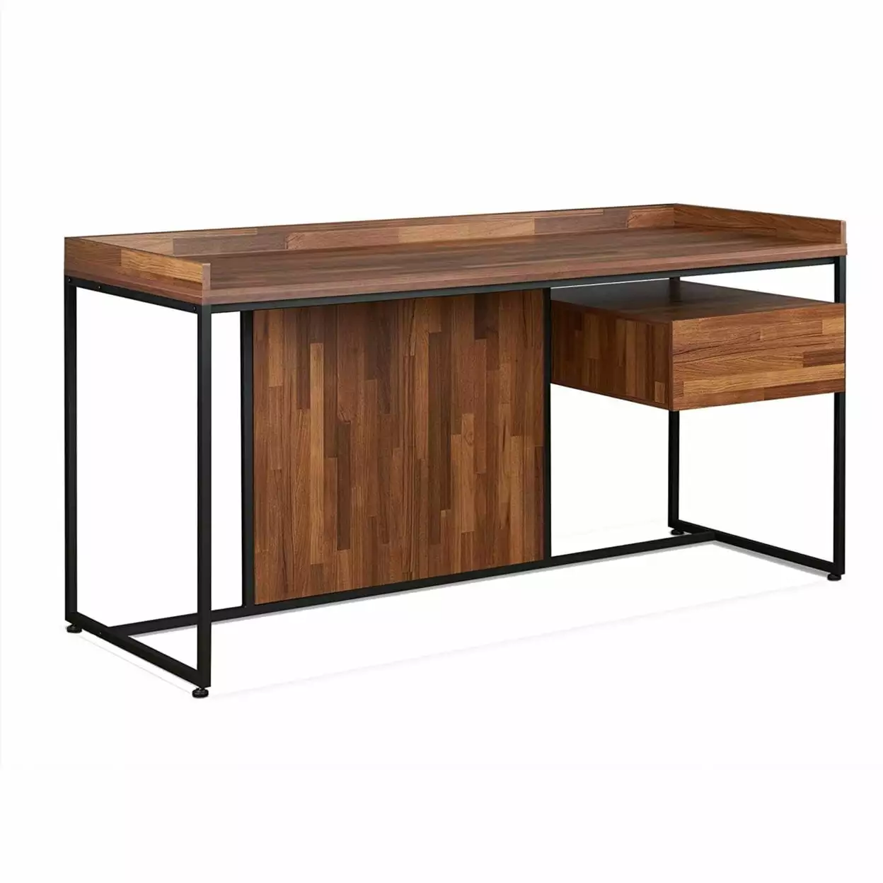 Wooden Top Desk Rectangular Metal Frame Walnut Brown and Sandy Black - Saltoro Sherpi