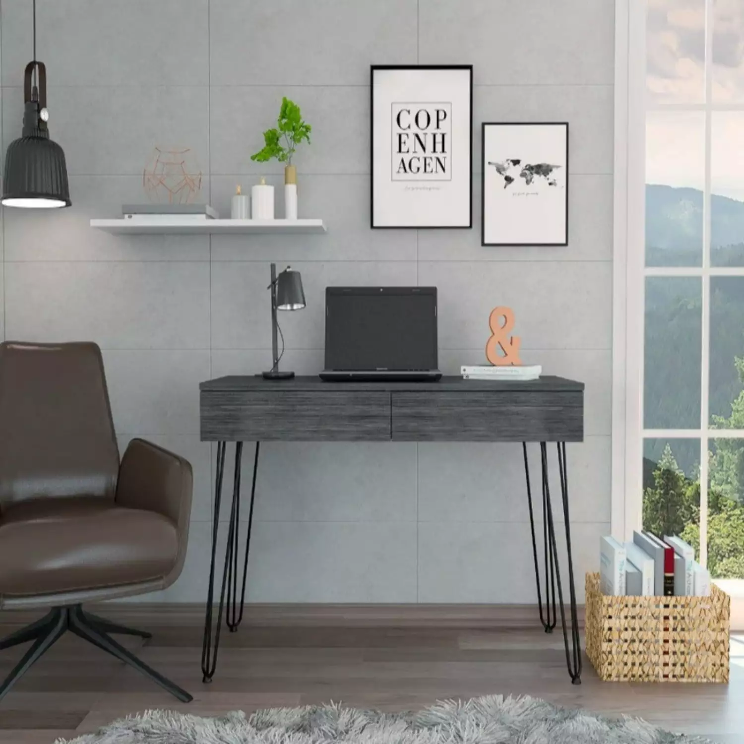 Treevol Furniture Desk Hinsdale Hairpin Legs and Two Drawers - Black Wengue Finish