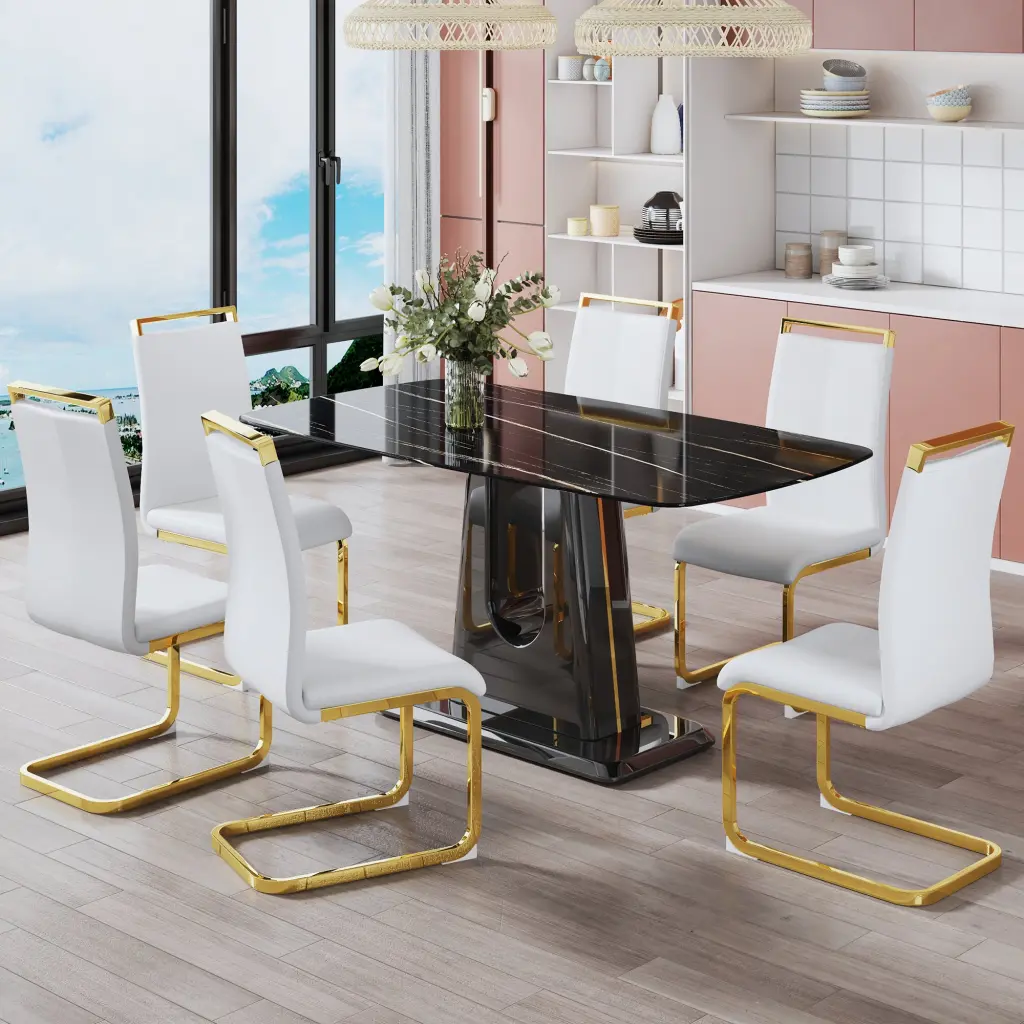 1 Table and 6 Chairs Modern Effortless Opulent Black Imitation Marble Dining Set droom w-1151