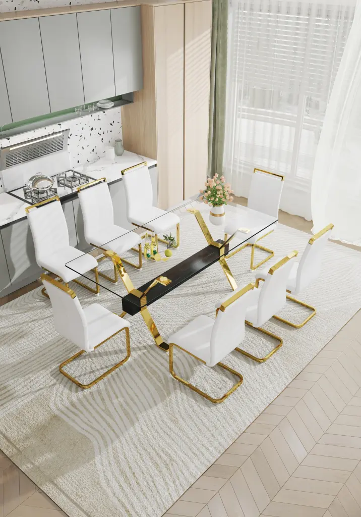 1 Table and 8 Chairs Modern Tempered Glass Rectangular Dining Set droom w-1151